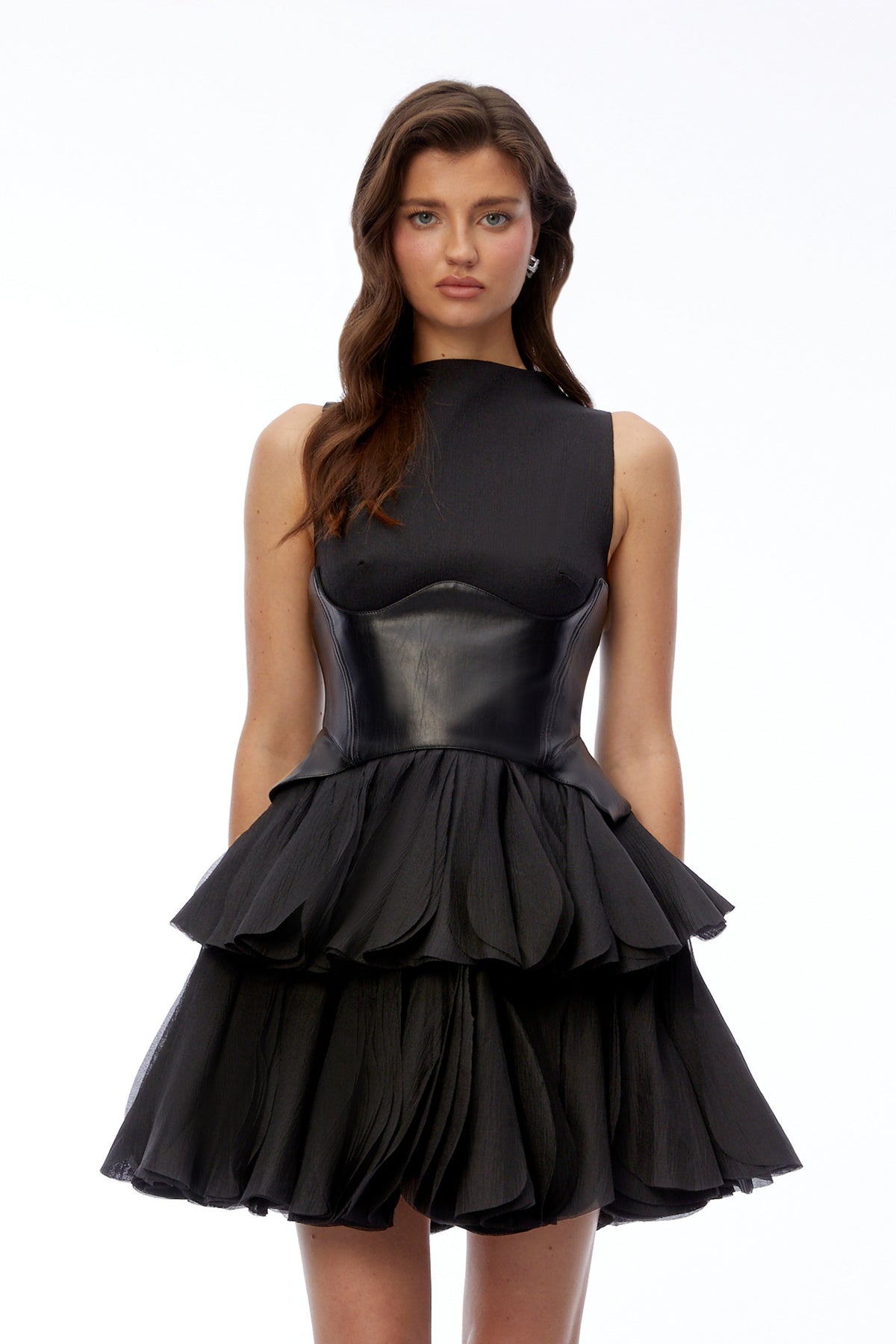Renee Black Tiered Mini Dress with Faux Leather Bodice