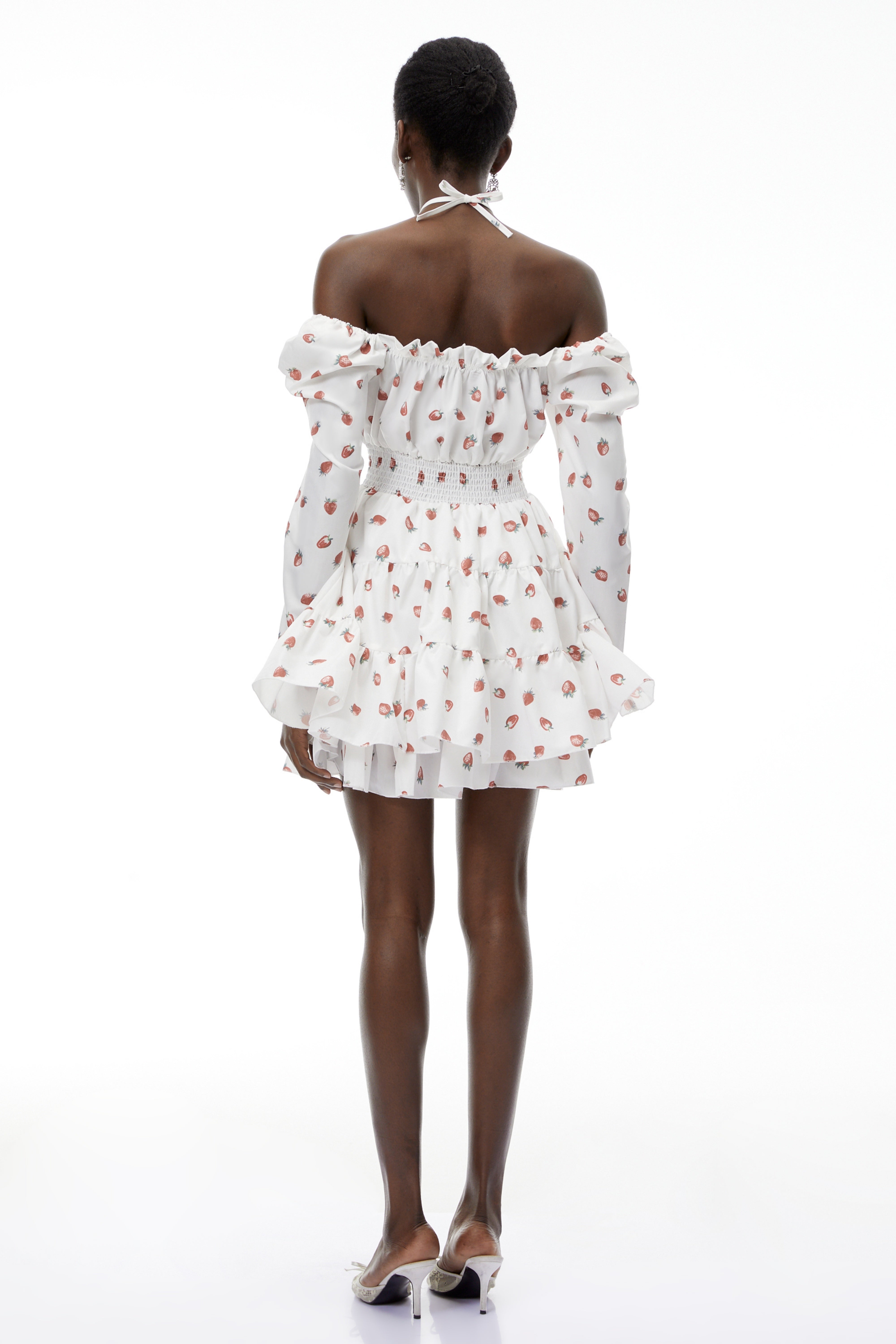 Renée White Strawberry Print Tiered Mini Dress