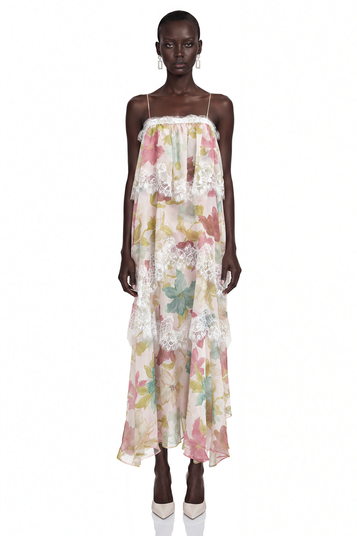 Rhema Pink Floral Tiered Maxi Dress with Lace Trim