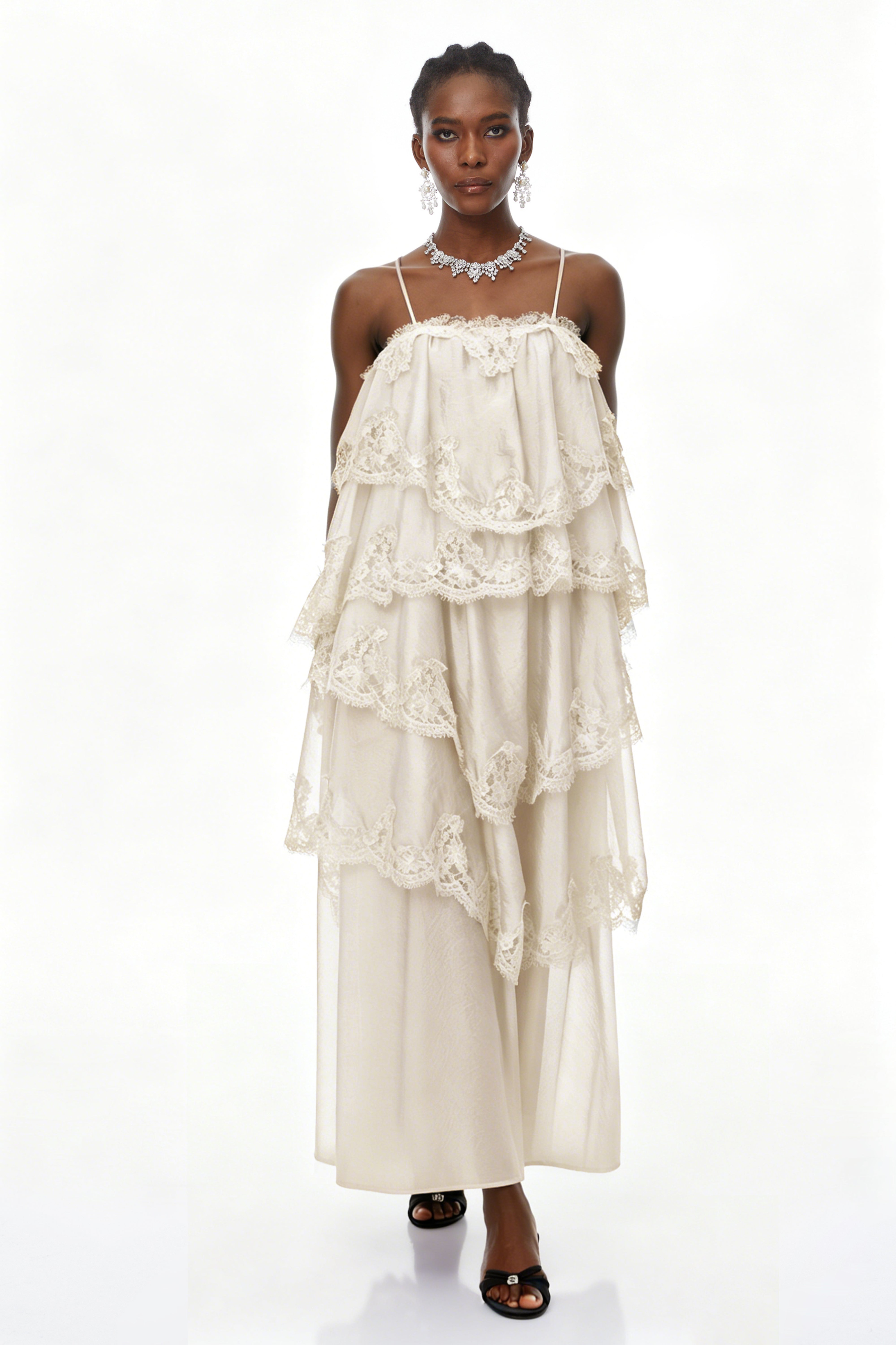 Rhema Cream White Tiered Maxi Dress with Lace Trim