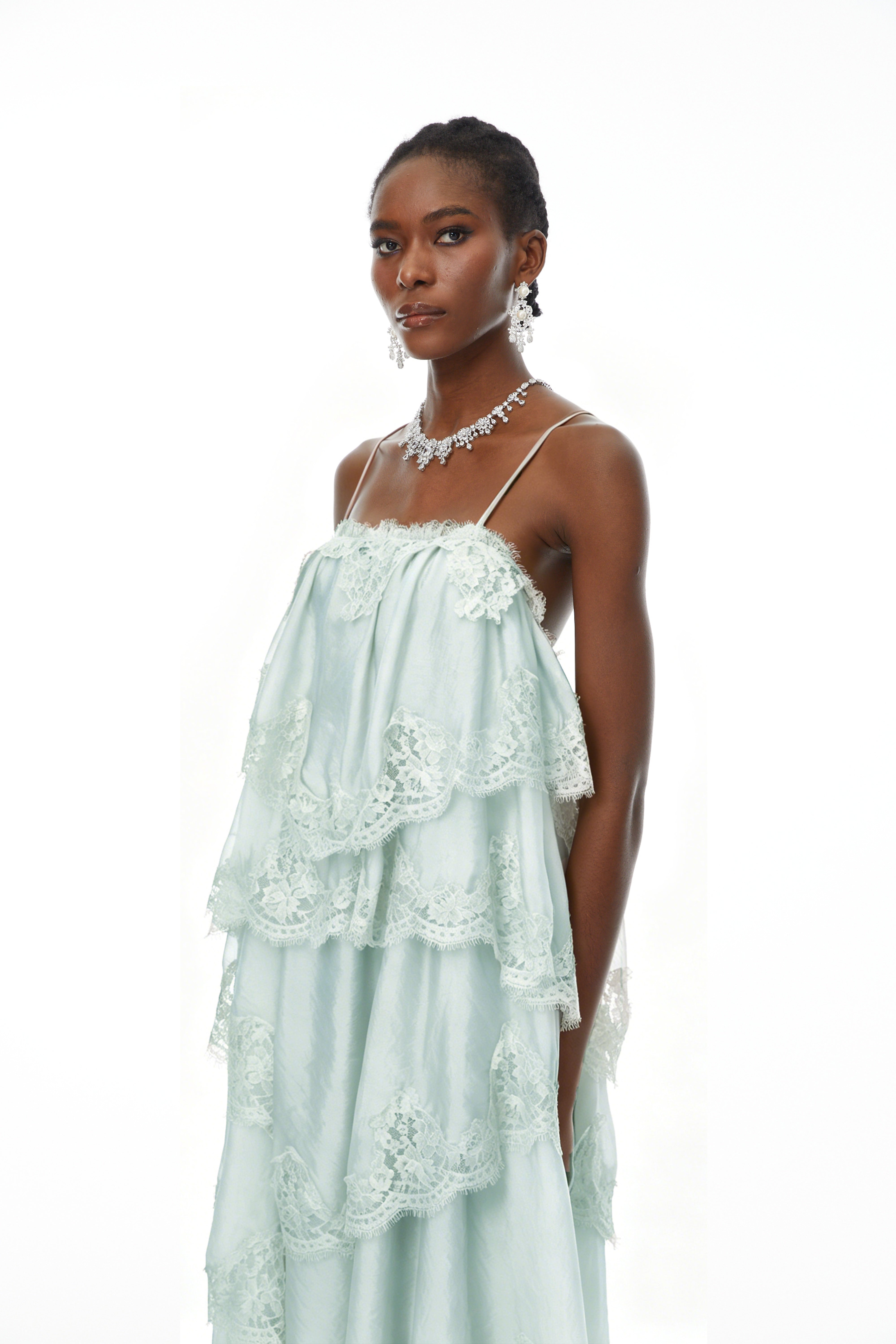 Rhema Mint Green Tiered Maxi Dress with Lace Trim