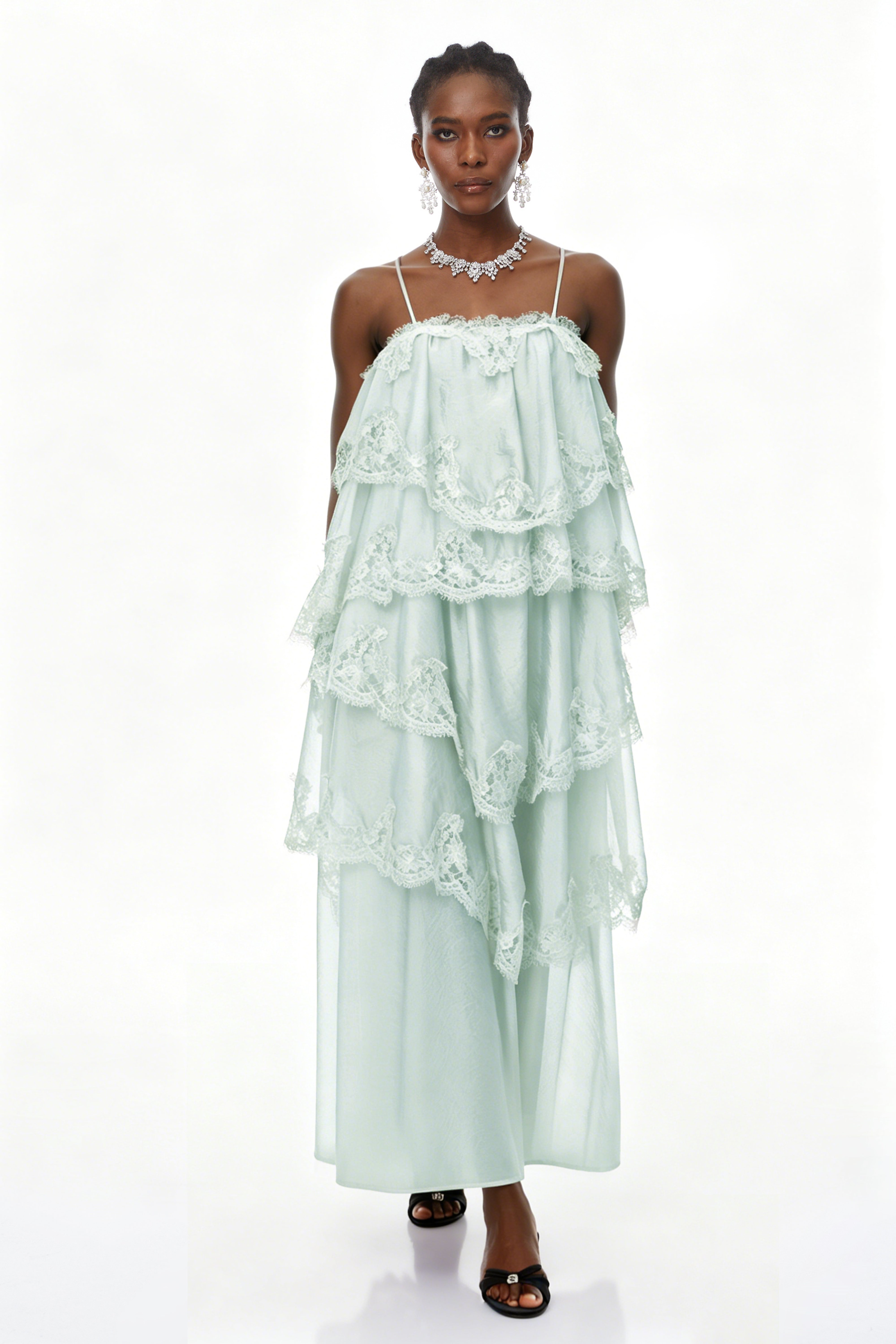 Rhema Mint Green Tiered Maxi Dress with Lace Trim