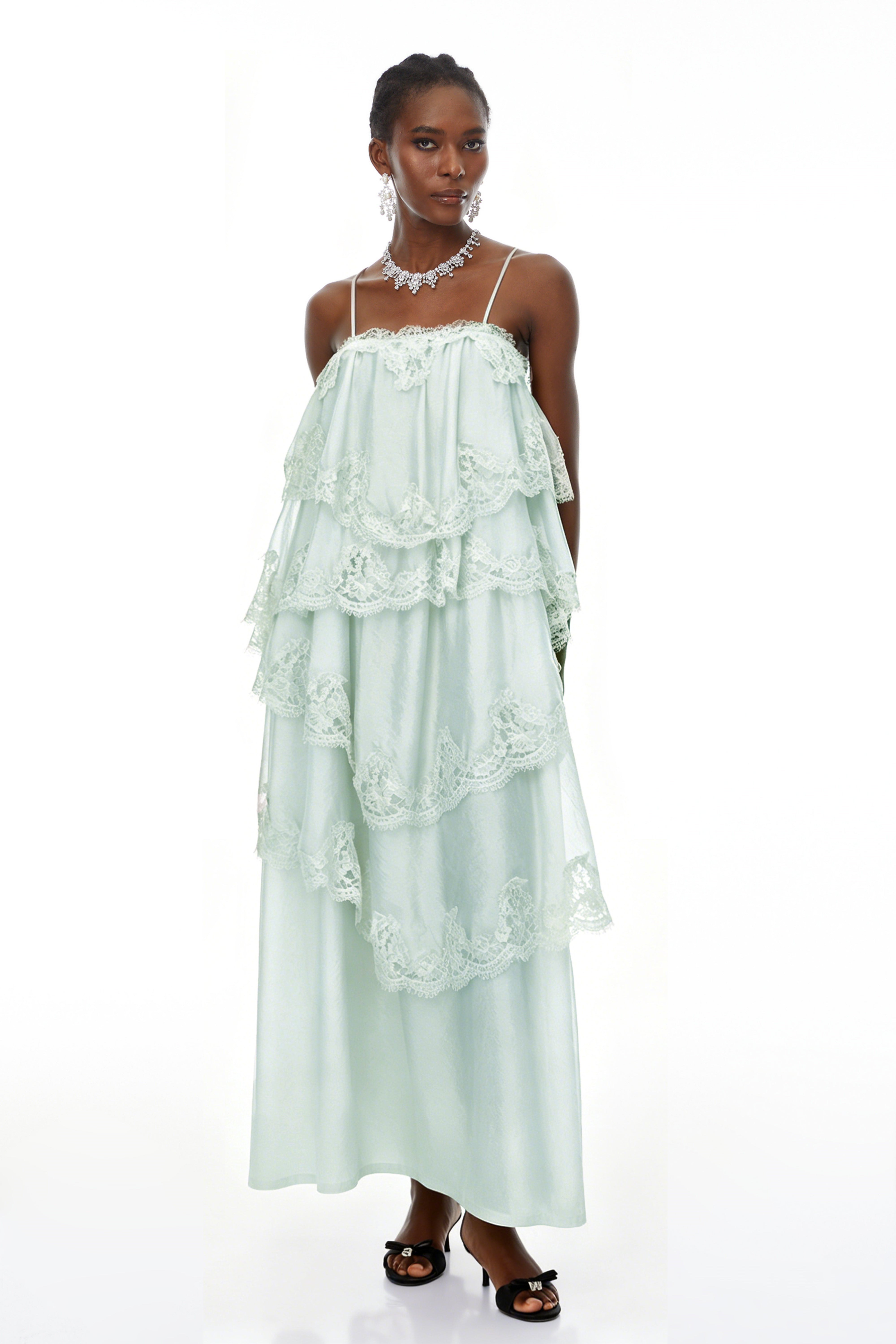 Rhema Mint Green Tiered Maxi Dress with Lace Trim