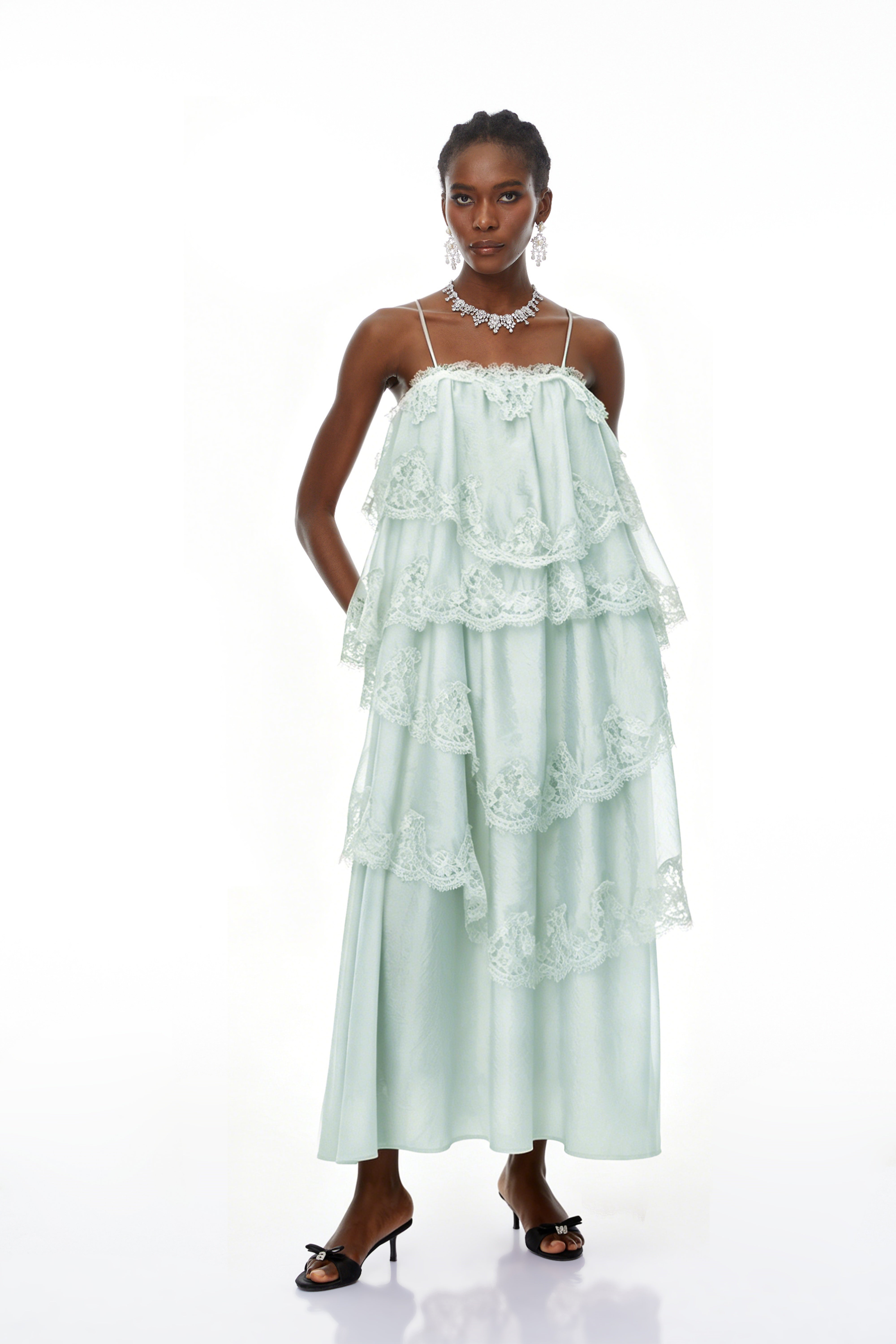 Rhema Mint Green Tiered Maxi Dress with Lace Trim