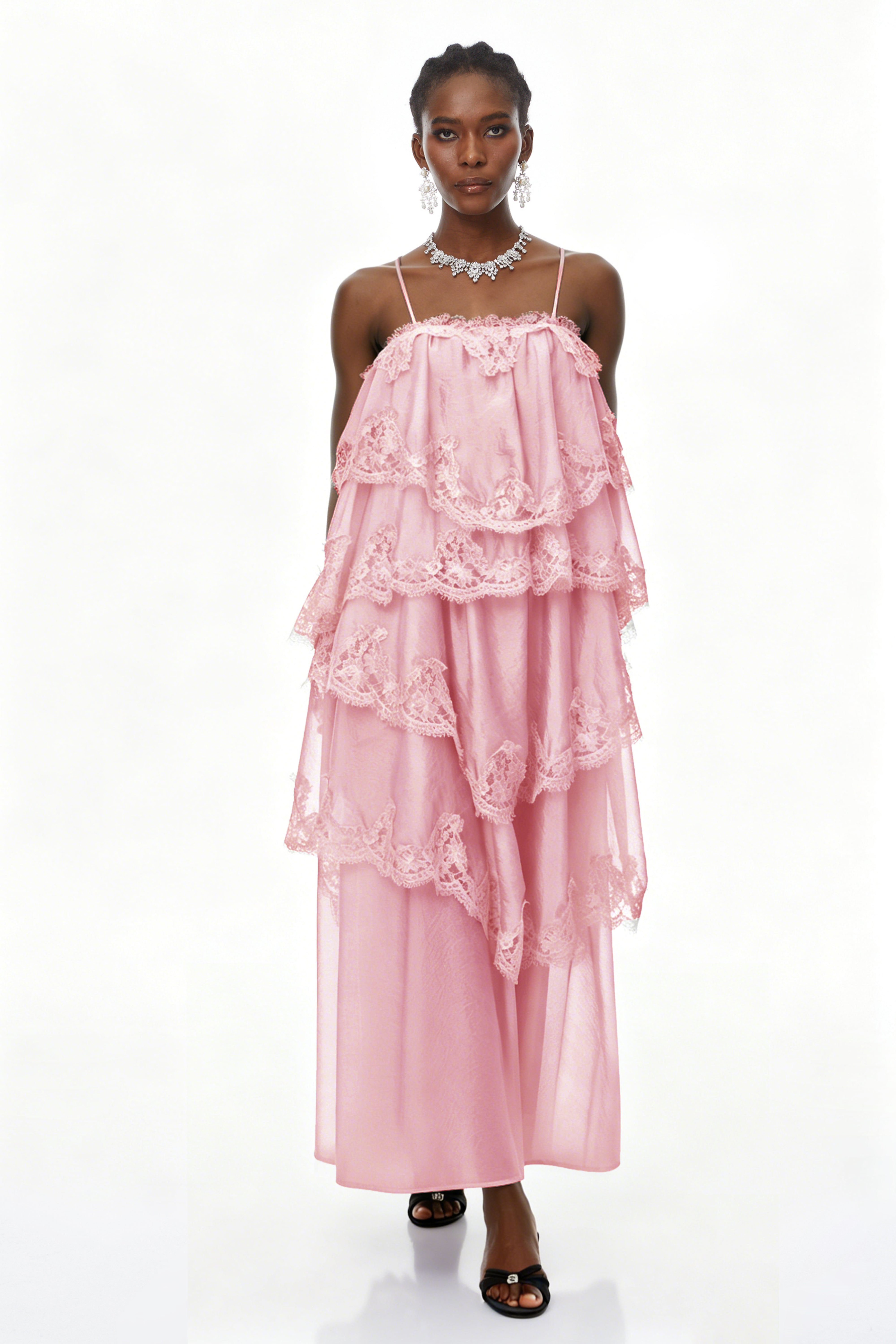 Rhema Pink Tiered Maxi Dress with Lace Trim