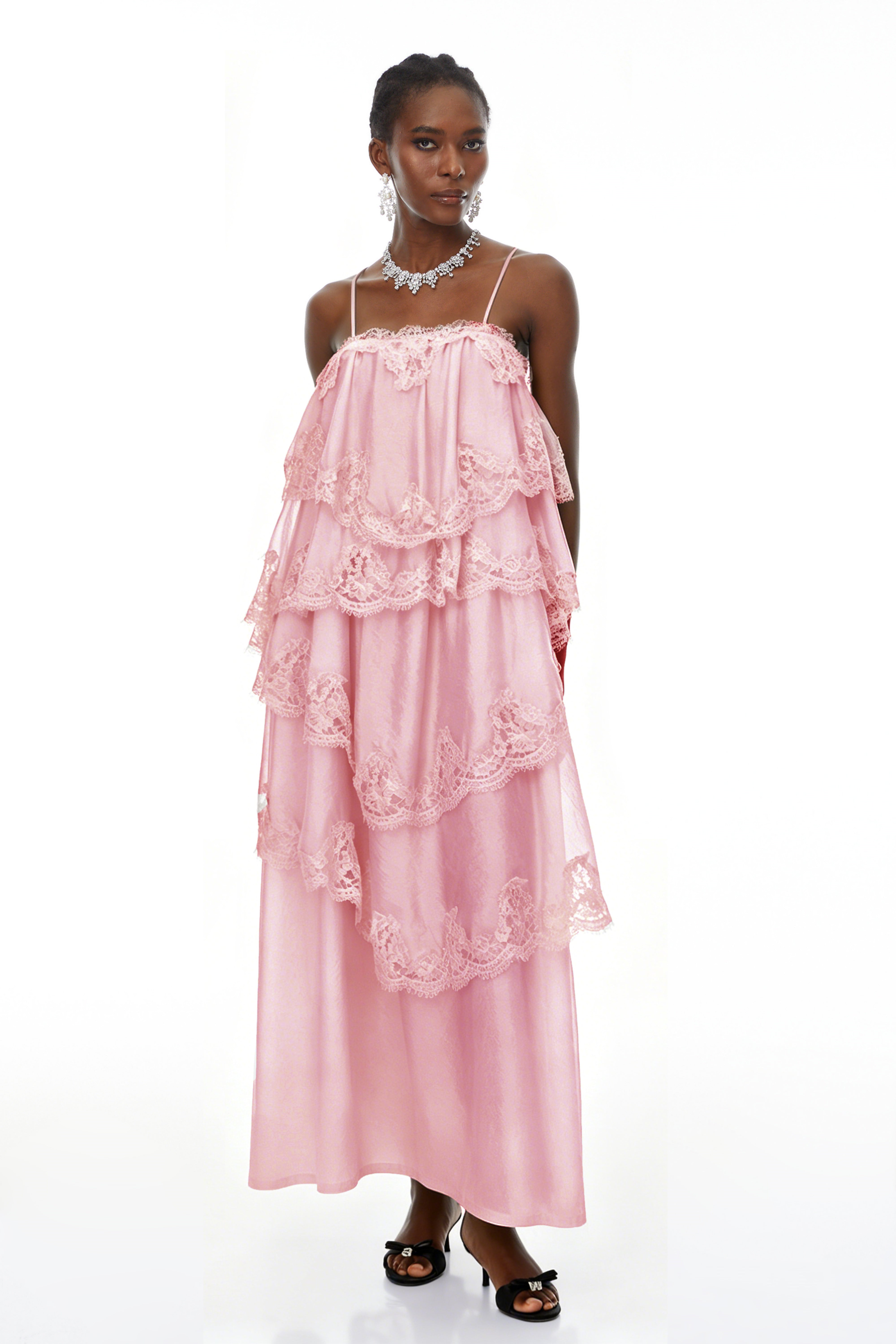 Rhema Pink Tiered Maxi Dress with Lace Trim