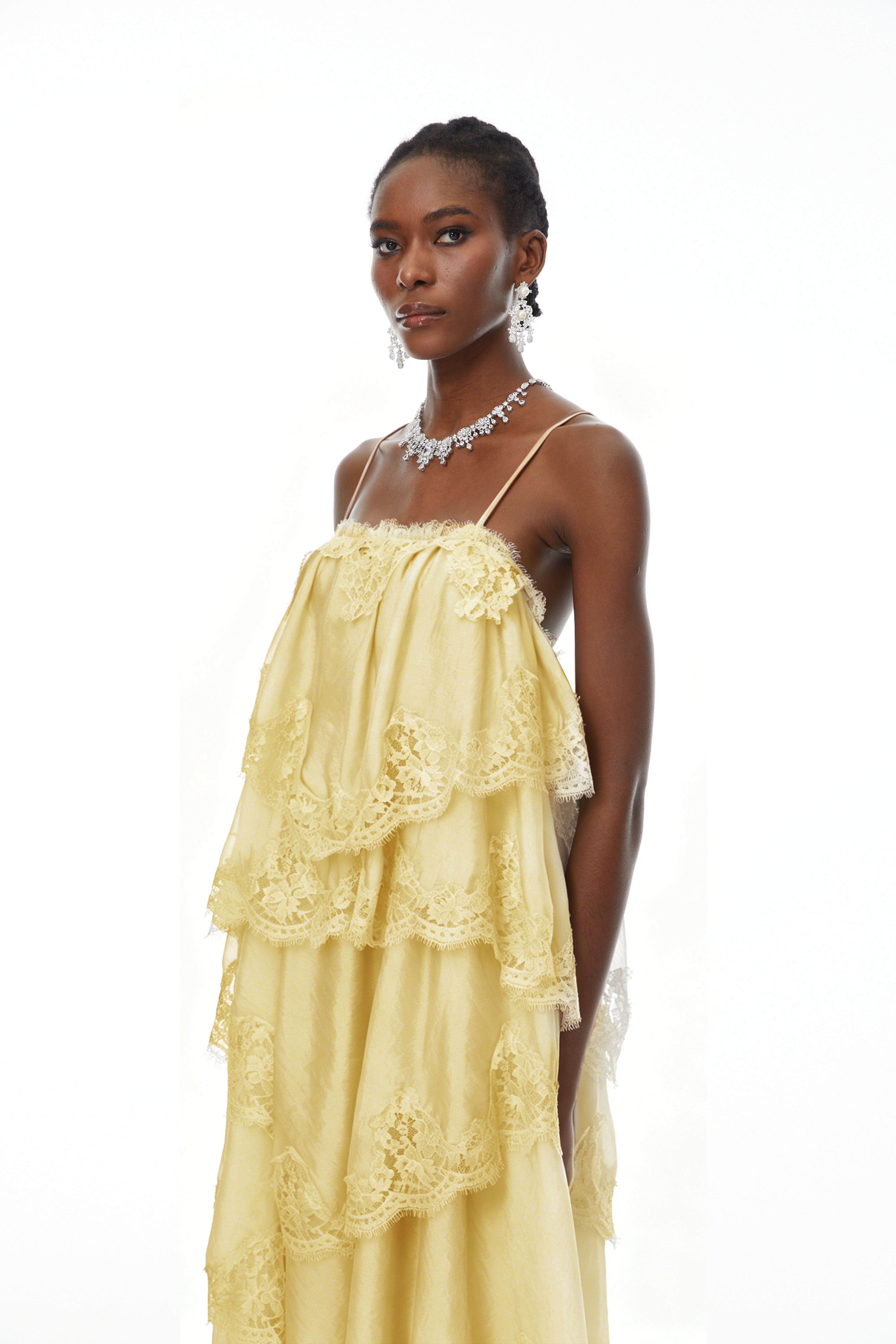 Rhema Yellow Tiered Maxi Dress with Lace Trim