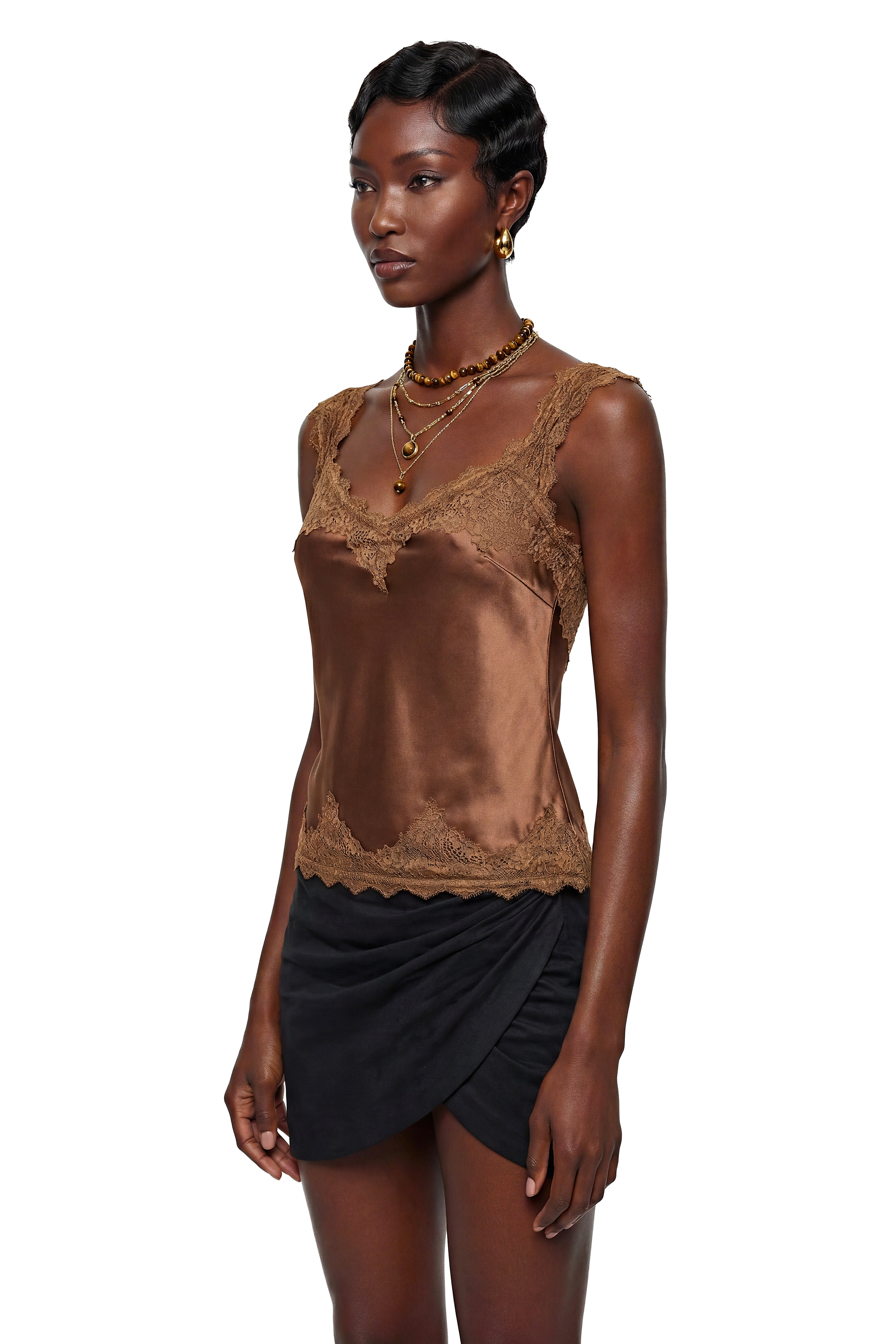 Rina Chocolate Brown Satin Top with Lace Panels