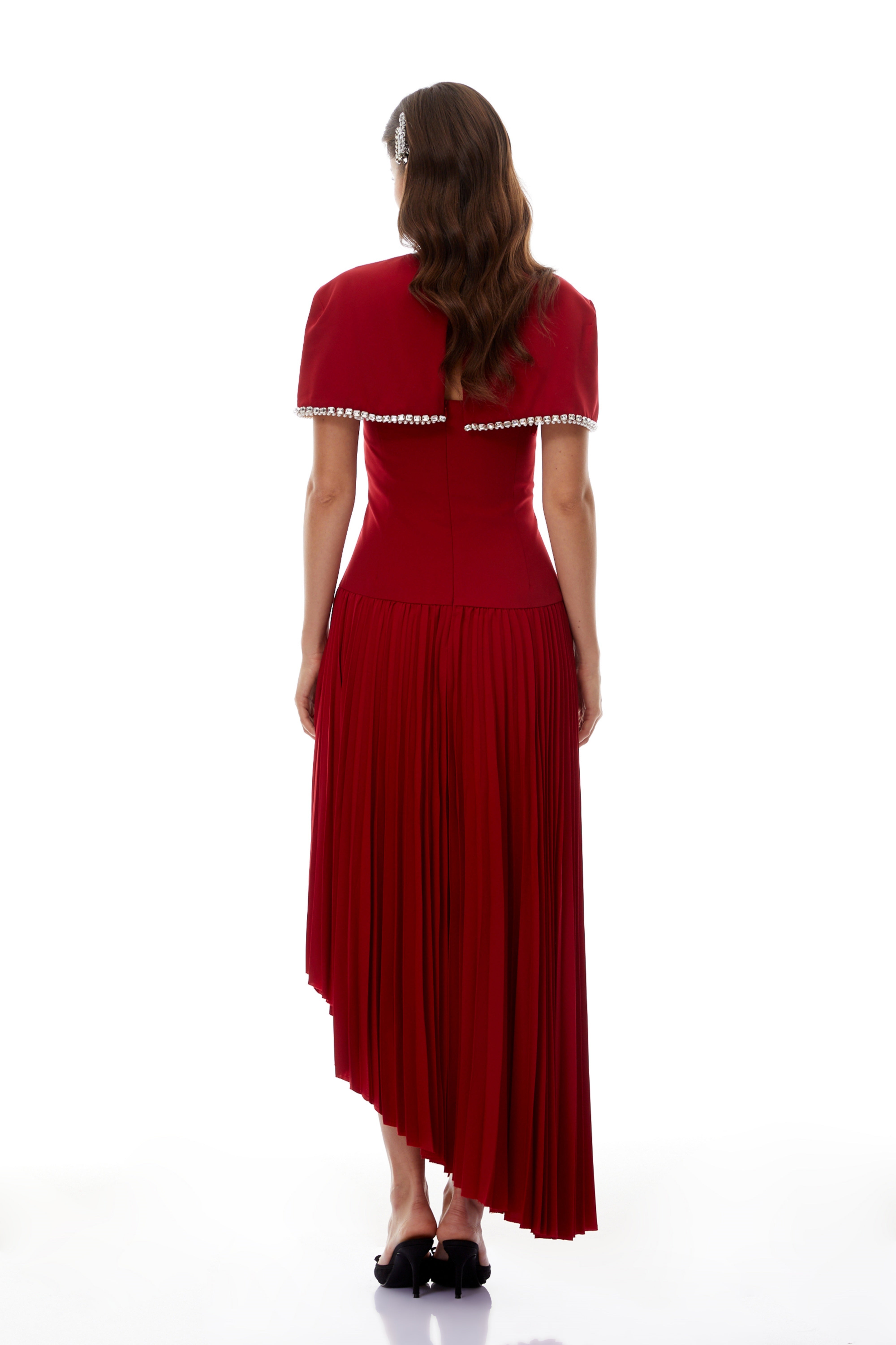 Roberta Red Pleated Dress & Cape Set