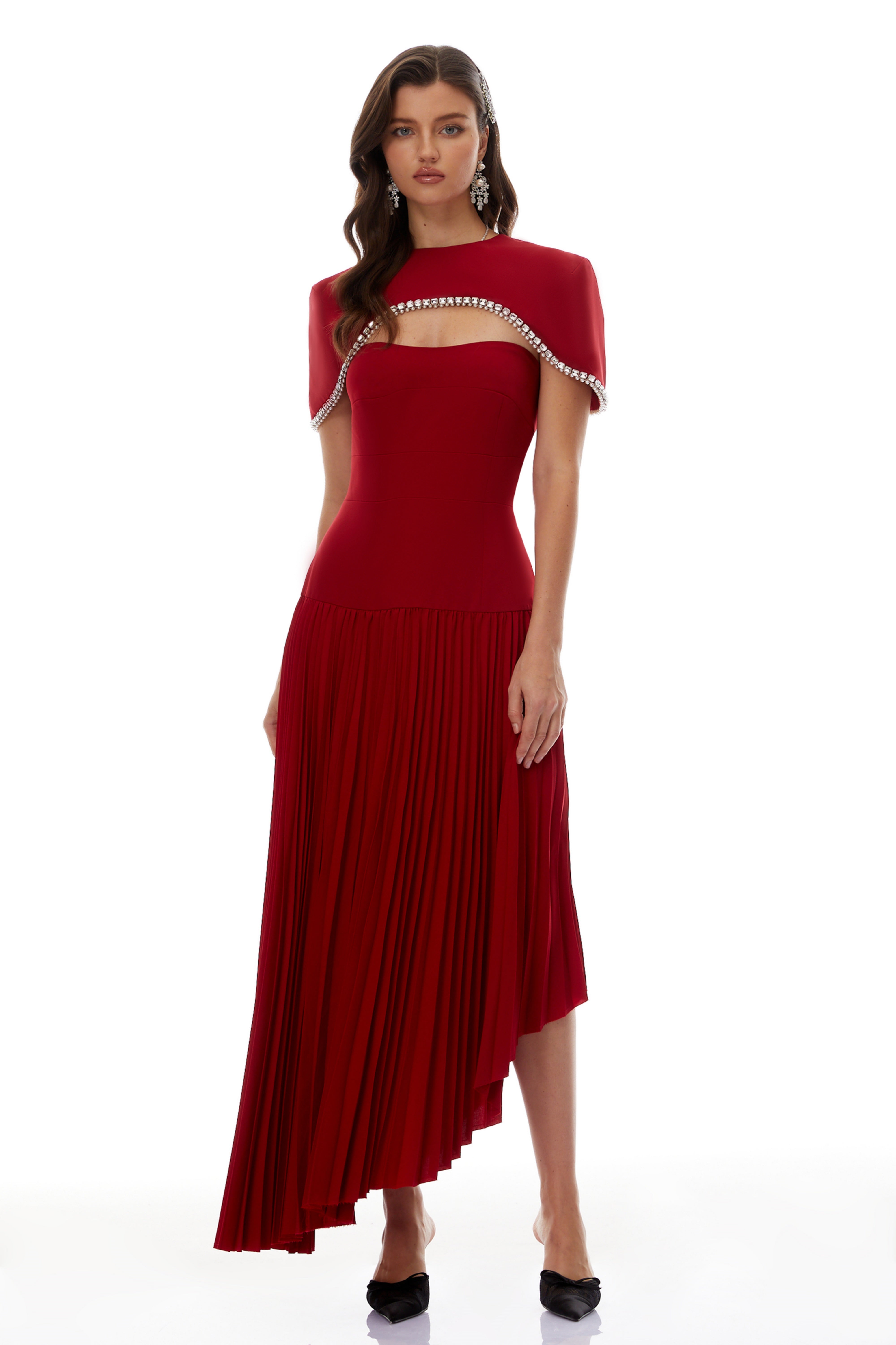 Roberta Red Pleated Dress & Cape Set