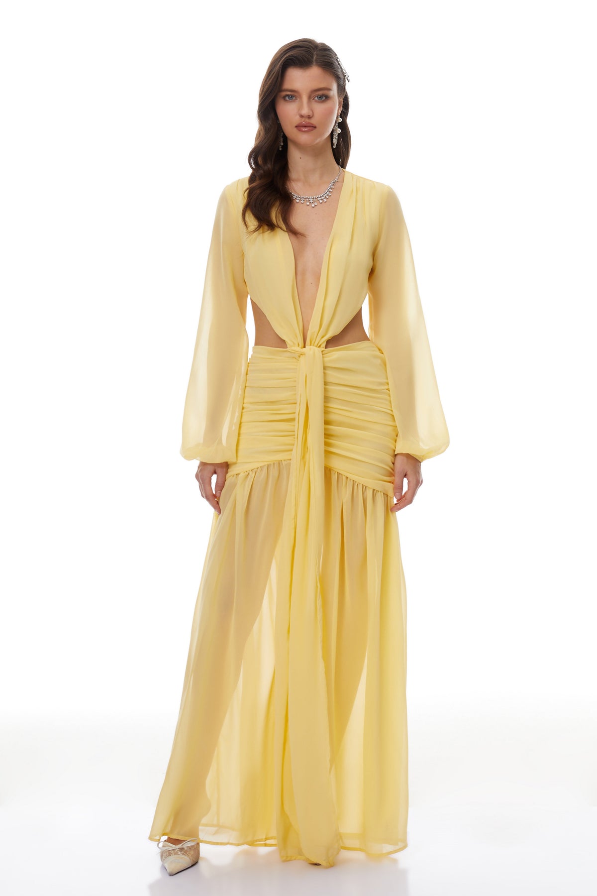Romilly Yellow Twisted Chiffon Maxi Dress