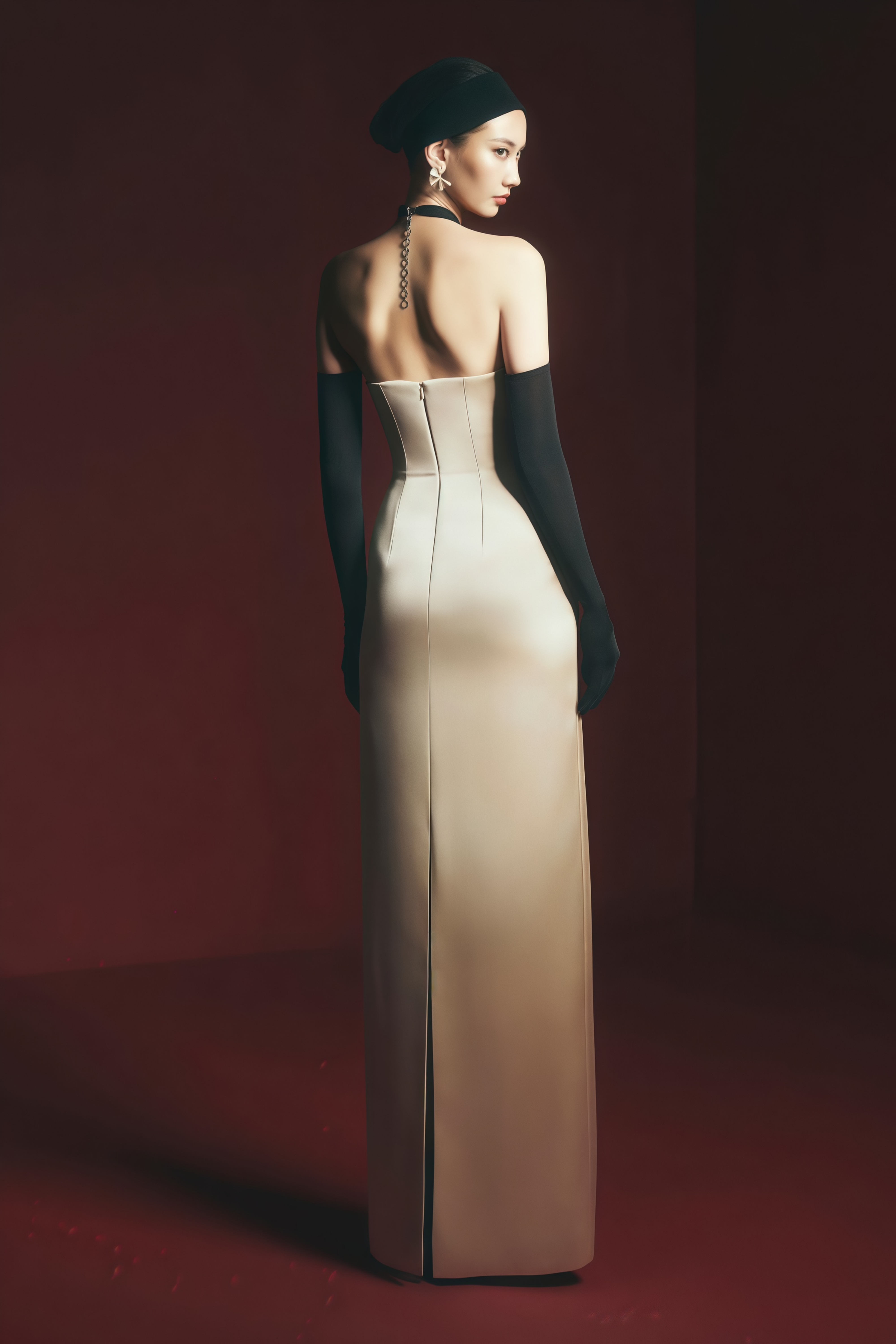 Ronit Champagne Satin Maxi Dress with Tulle Panels