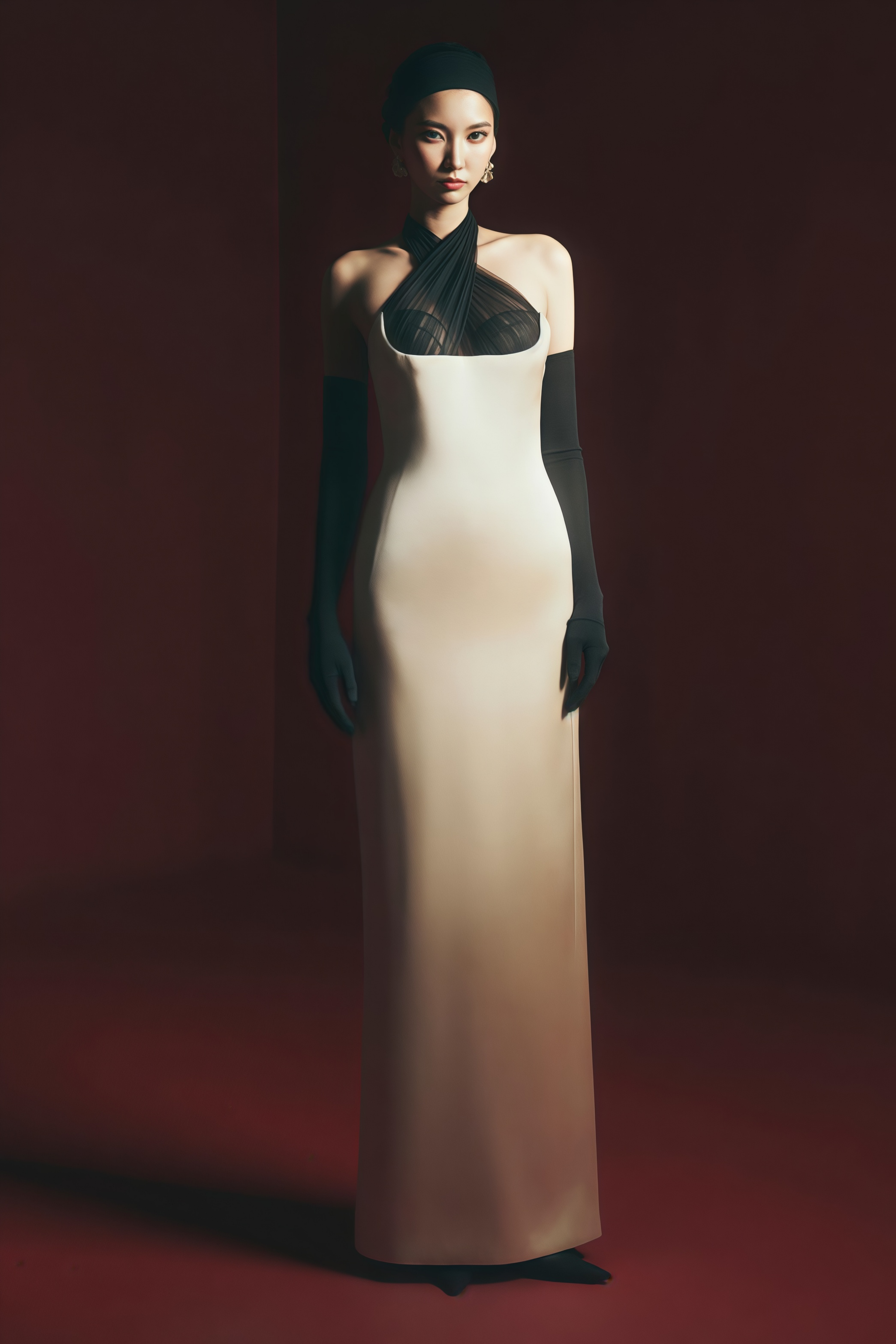 Ronit Champagne Satin Maxi Dress with Tulle Panels