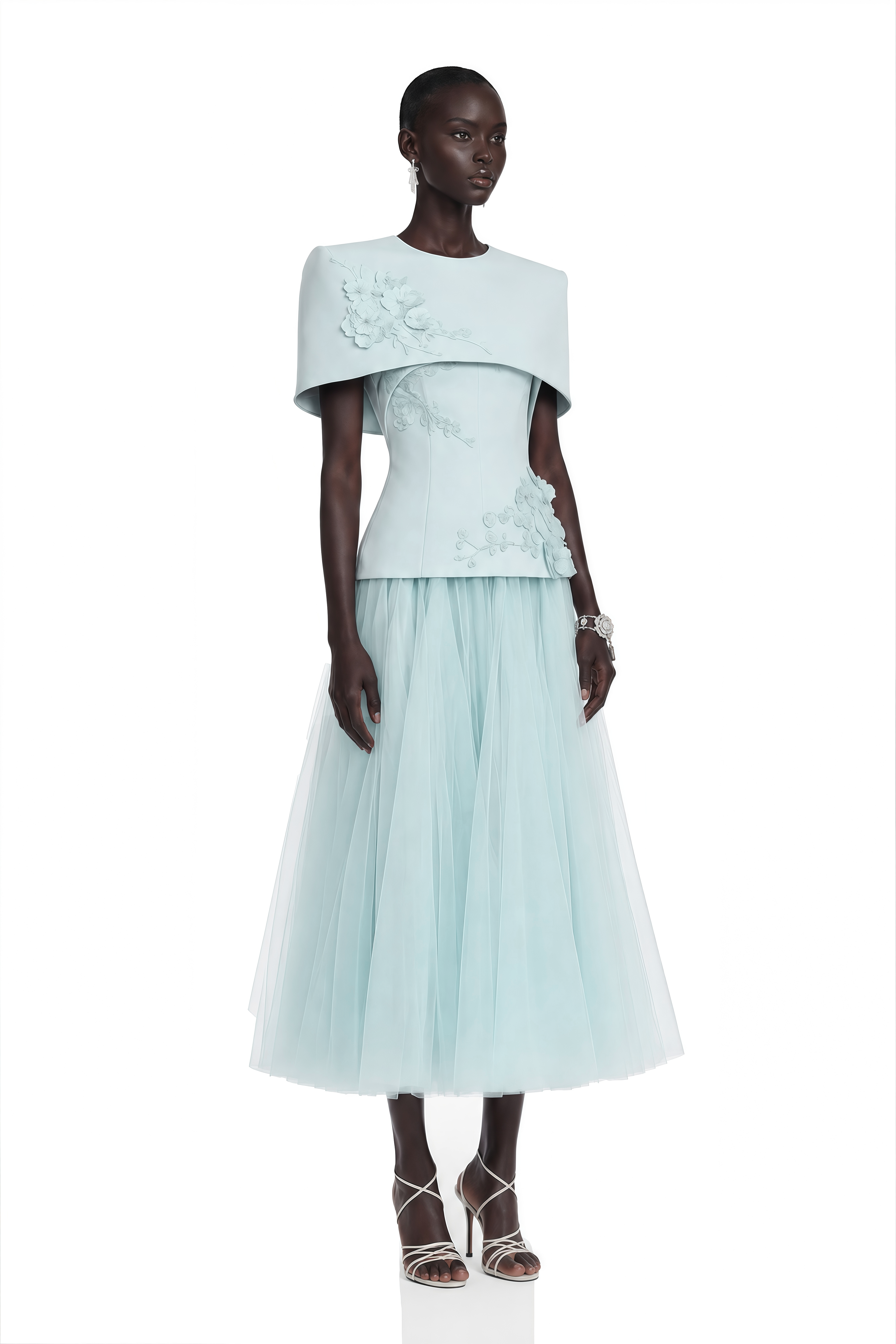 Rosalind Blue Mesh Midi Dress with Cape