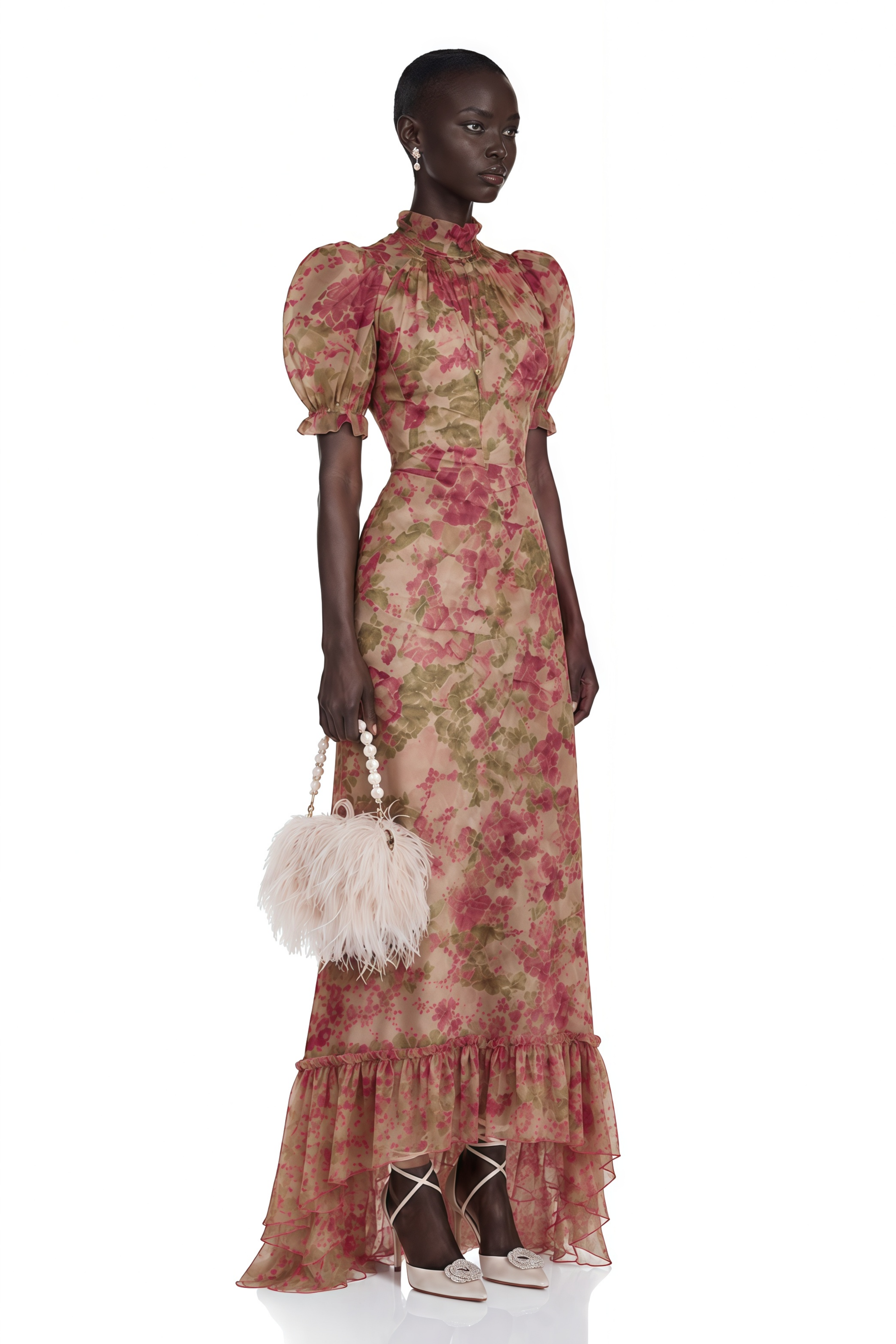 Rosalind Pink Mock Neck Puff Sleeve Floral Maxi Dress