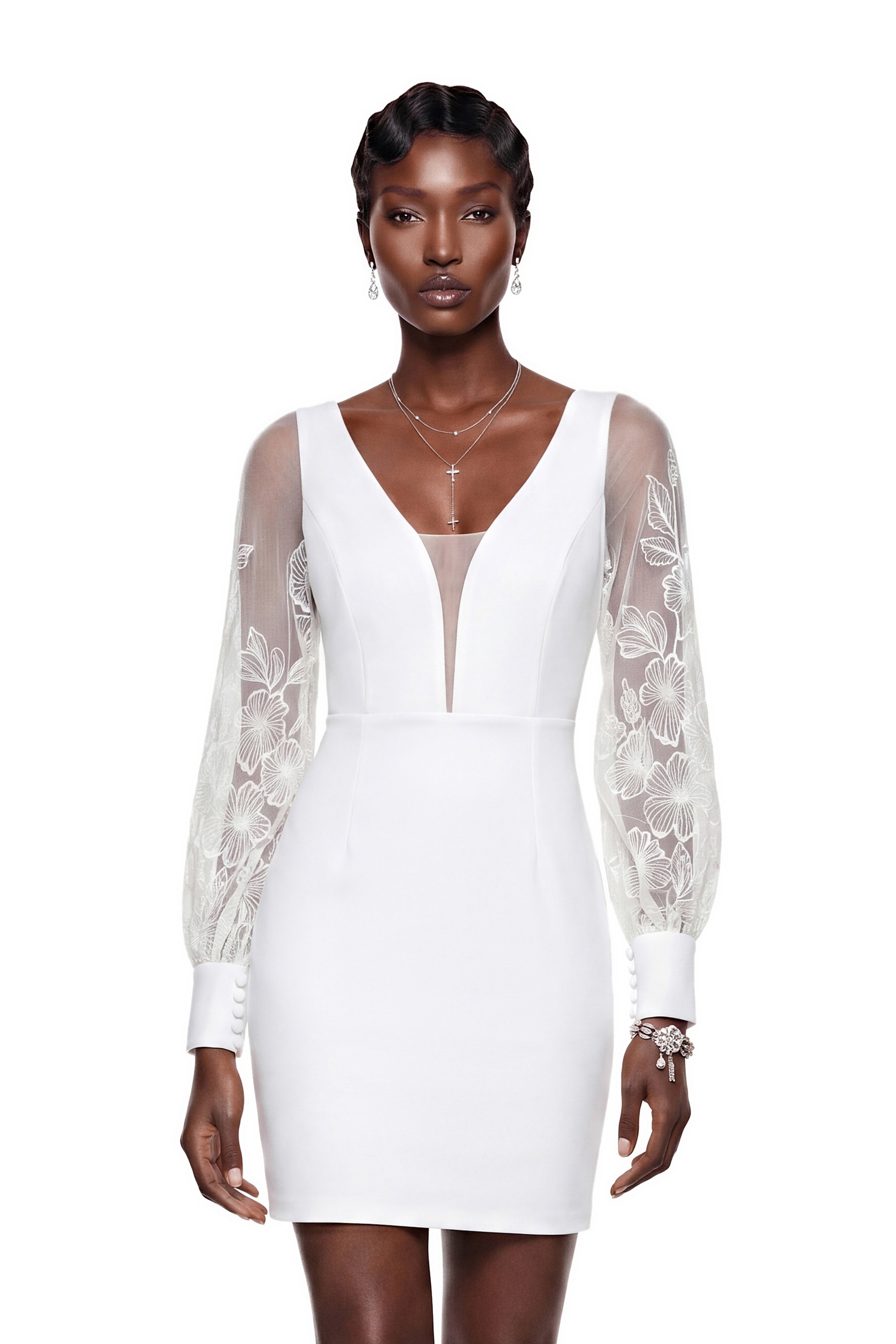 Rosalind White V-Neck Puff Sleeve Mini Dress