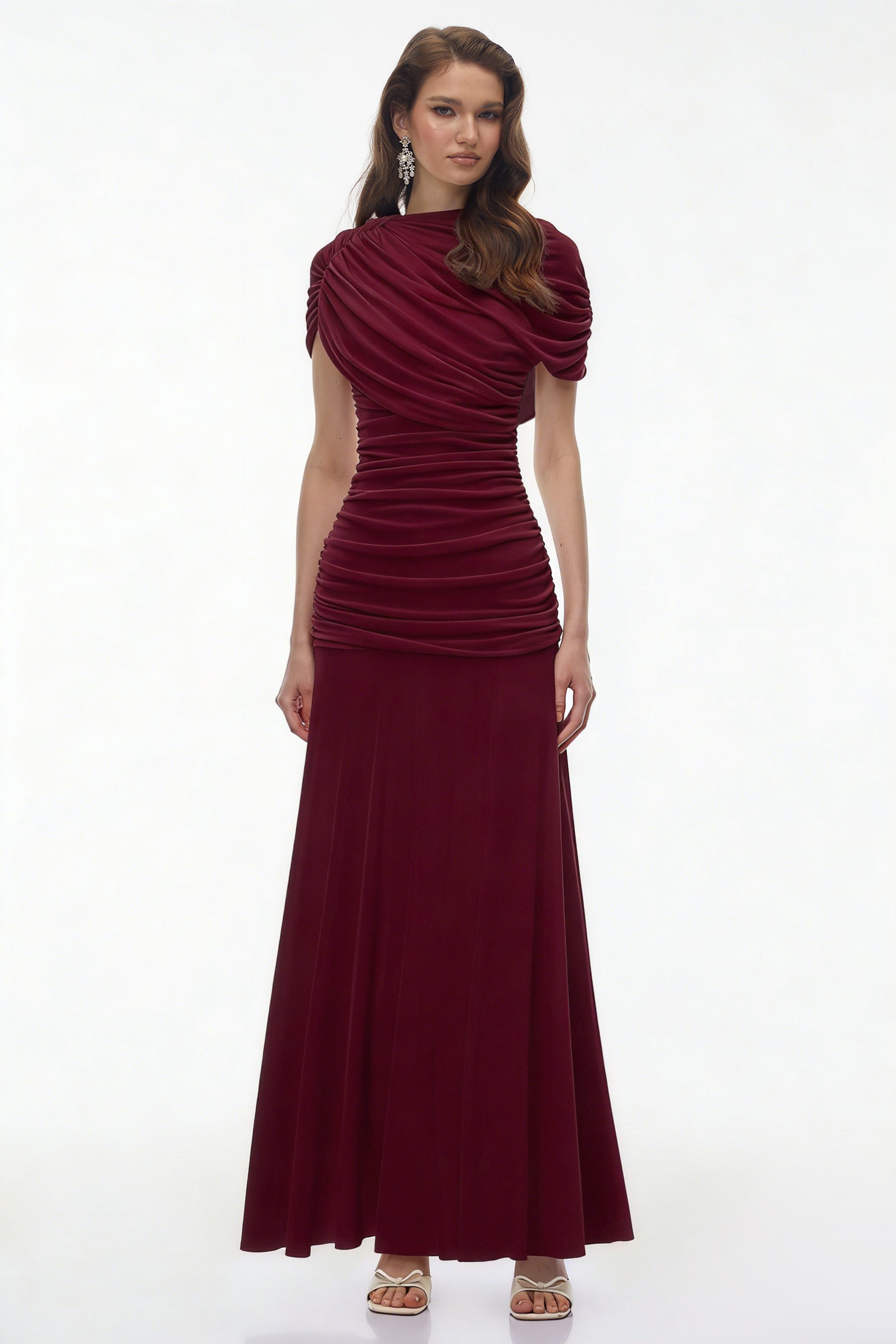 Rosalyn Red Crew Neck Ruched Maxi Dress