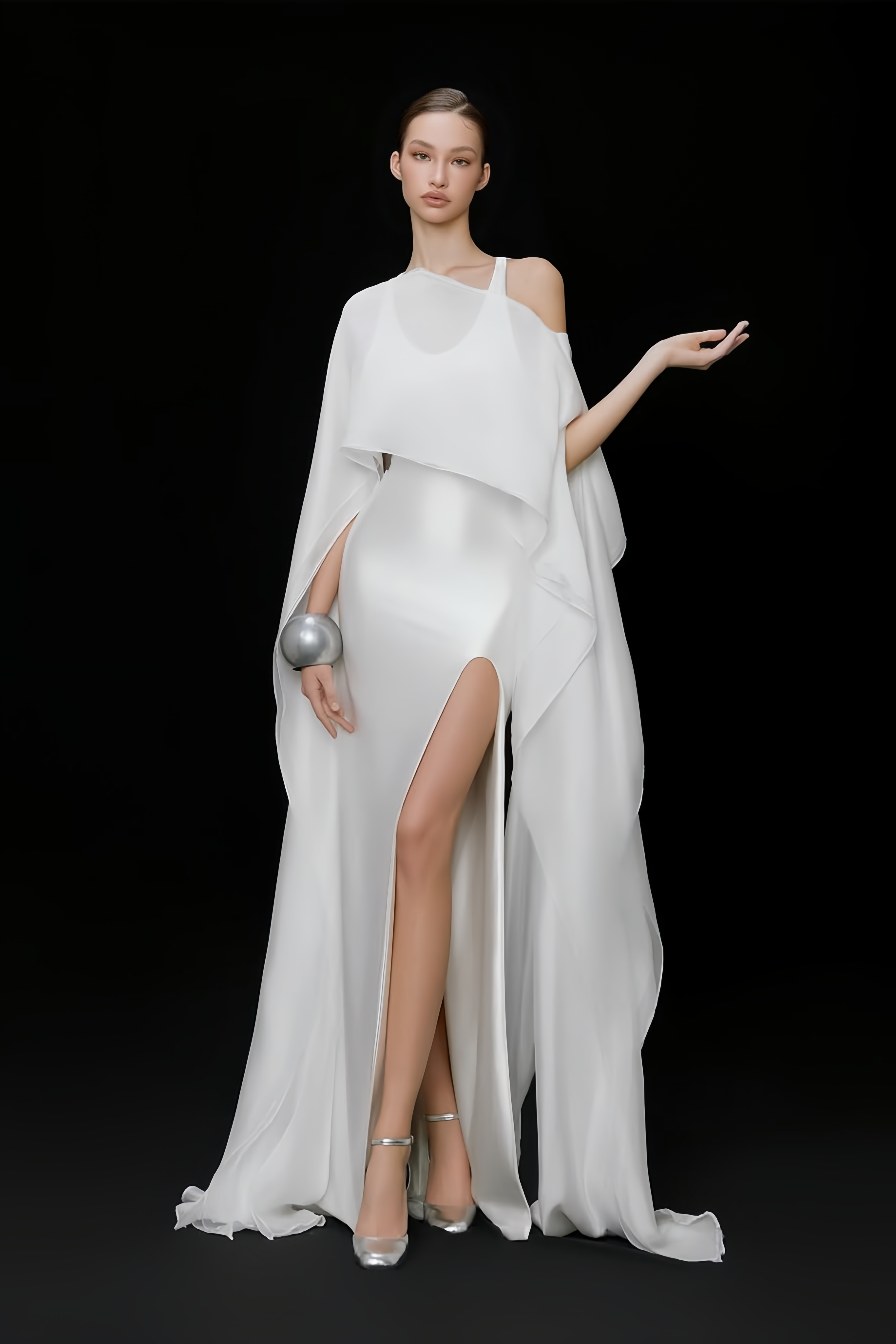 Rosana White Tiered Cape Maxi Dress with High Slit