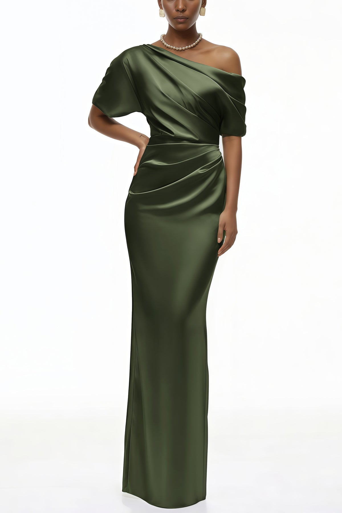 Roshan Emerald Green One Shoulder Satin Maxi Dress