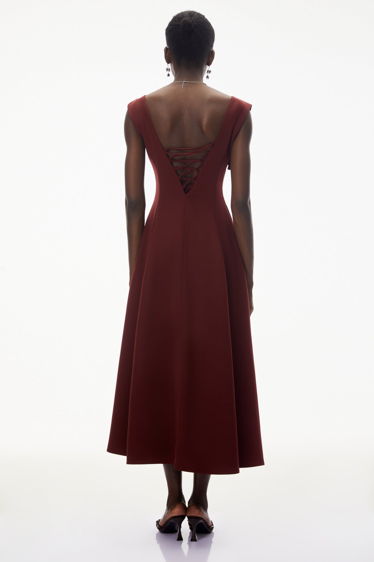 Roshanak Burgundy Ruched Midi Dress with Bow