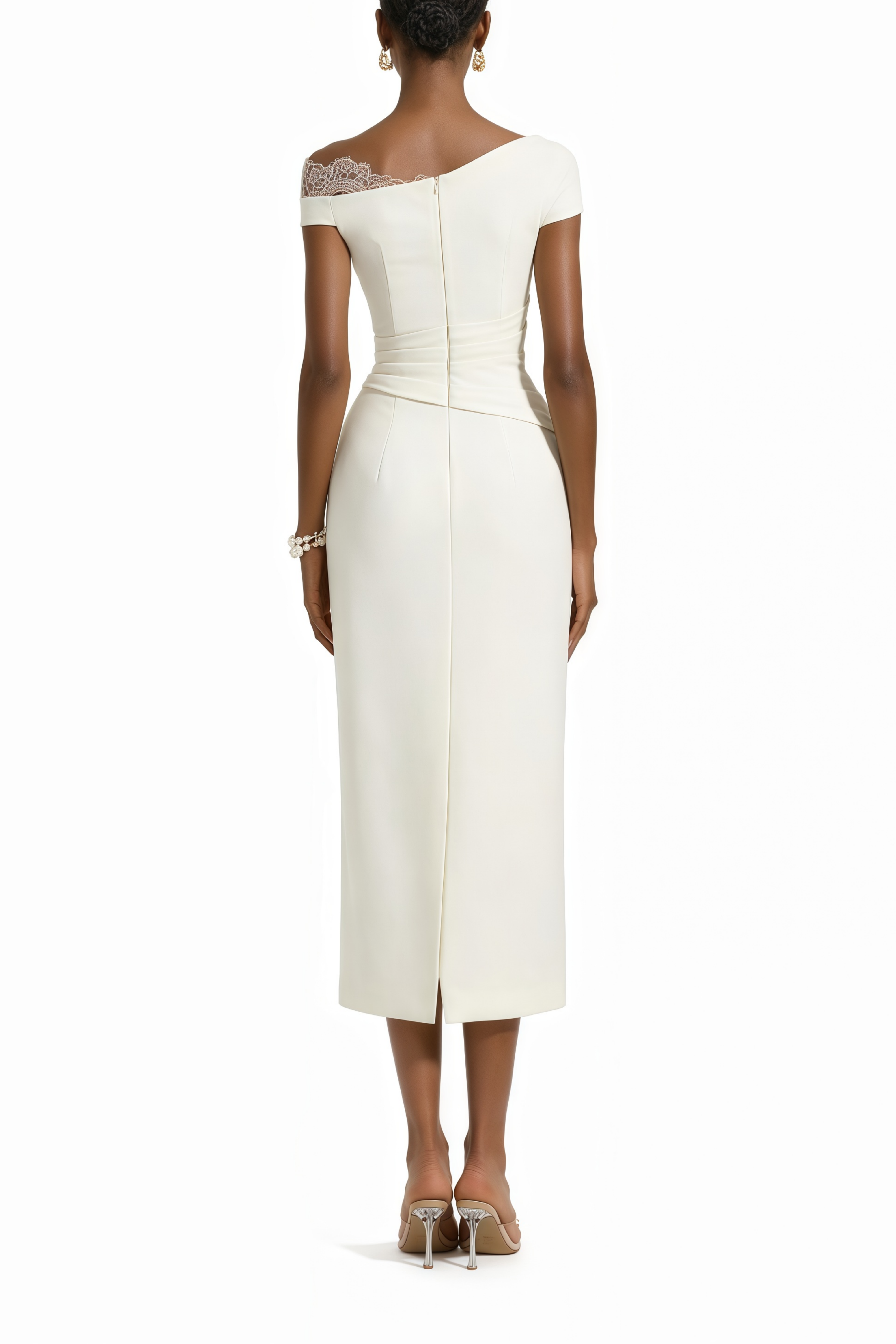 Roshanak White One Shoulder Midi Dress with Lace Panels