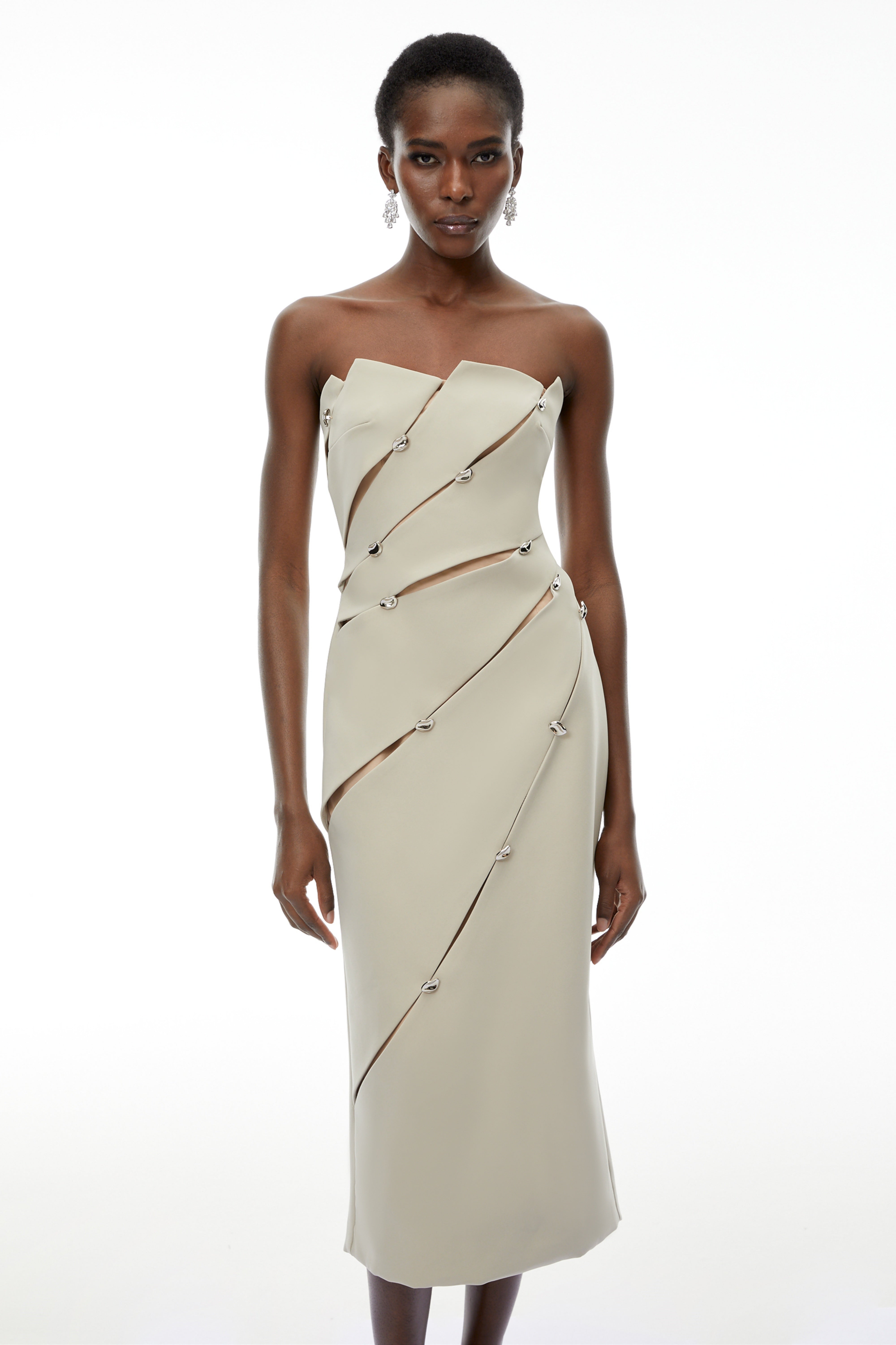 Rowena Khaki Asymmetrical Off Shoulder Midi Dress