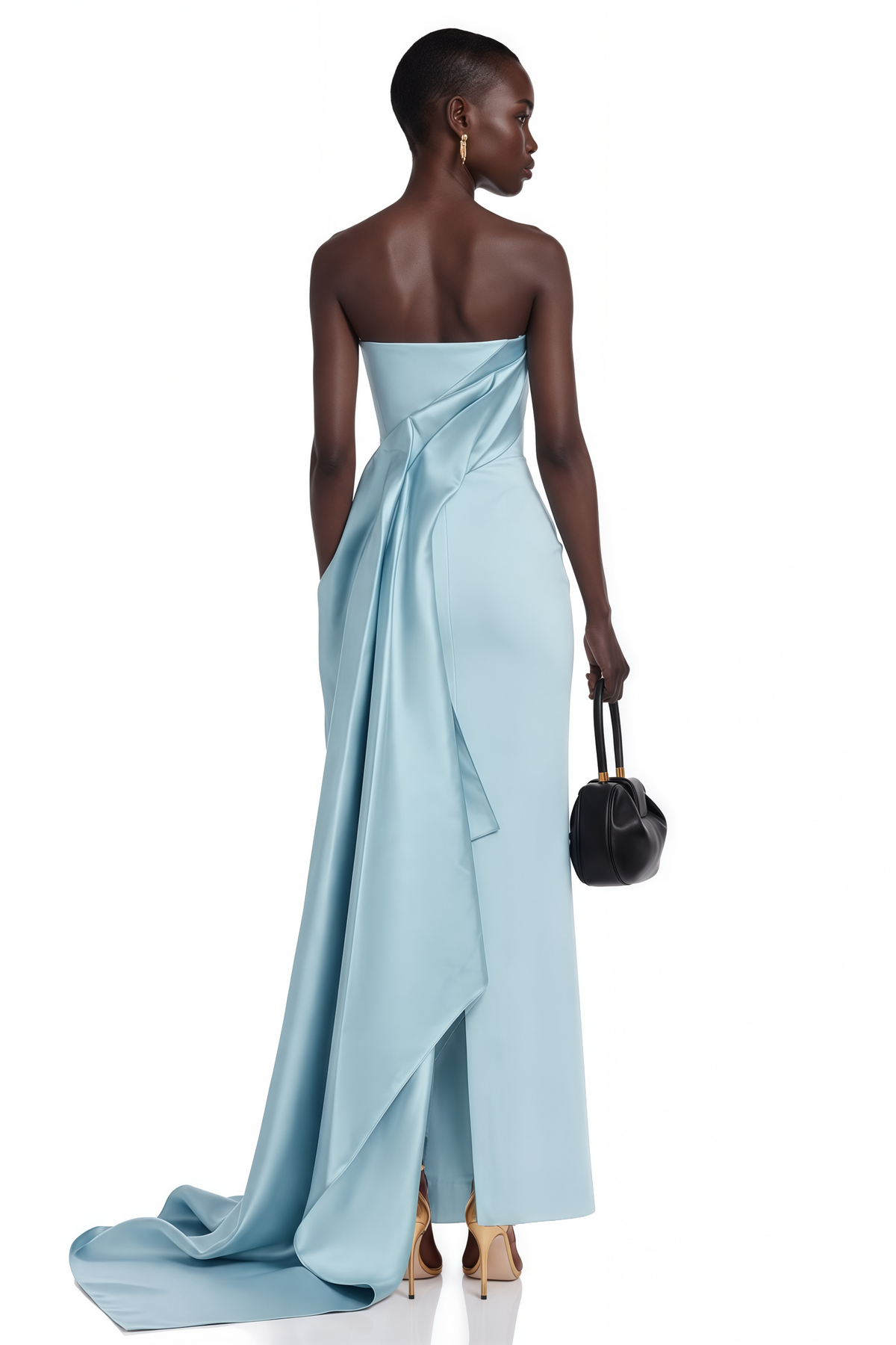 Roxanne blue strapless draped satin maxi dress