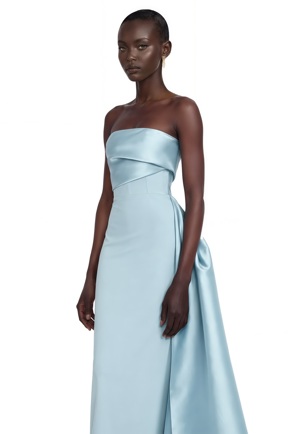Roxanne blue strapless draped satin maxi dress