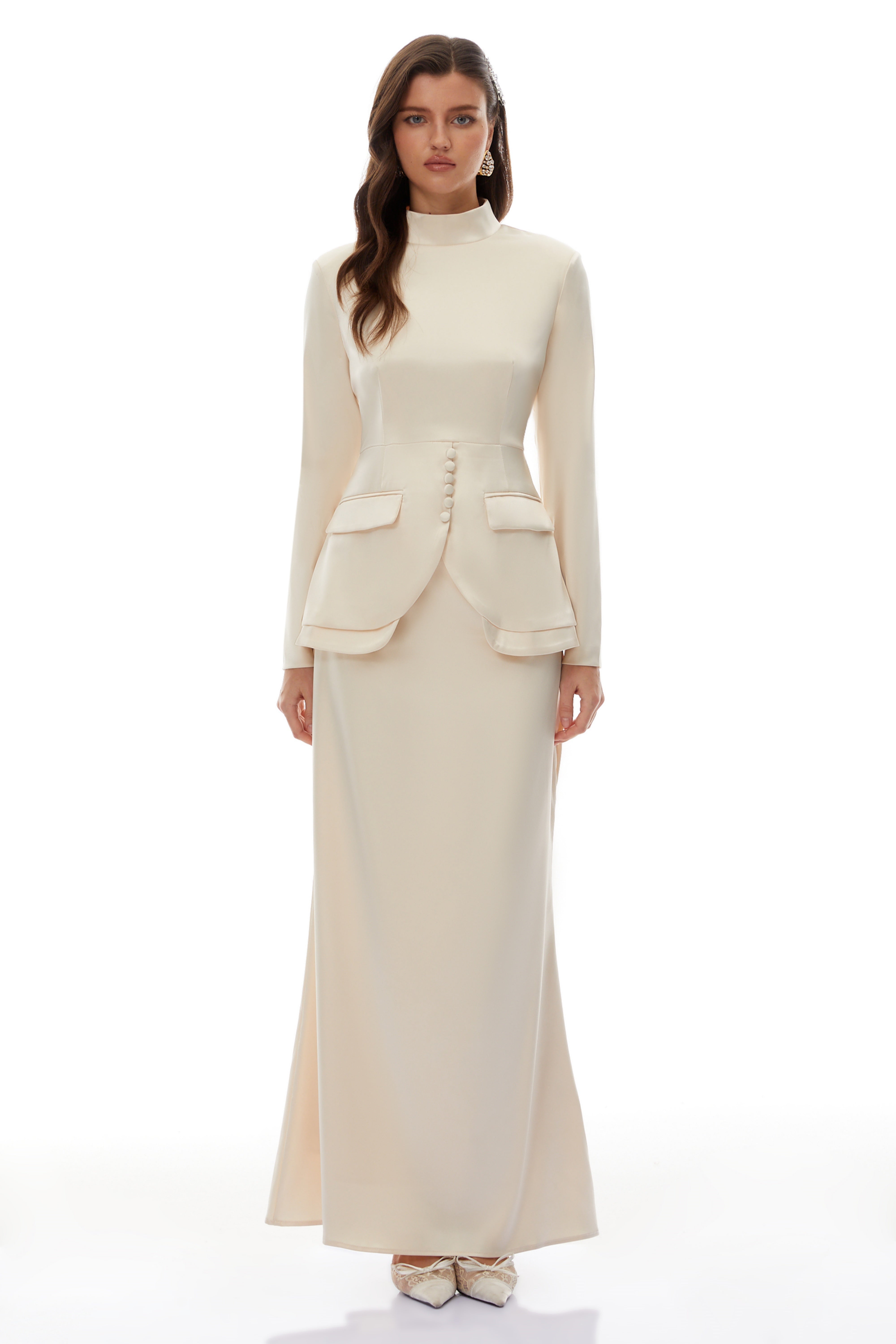 Roxanne Neutral Mock Neck Blouse & Mermaid Skirt Set (Final Sale-US Only)