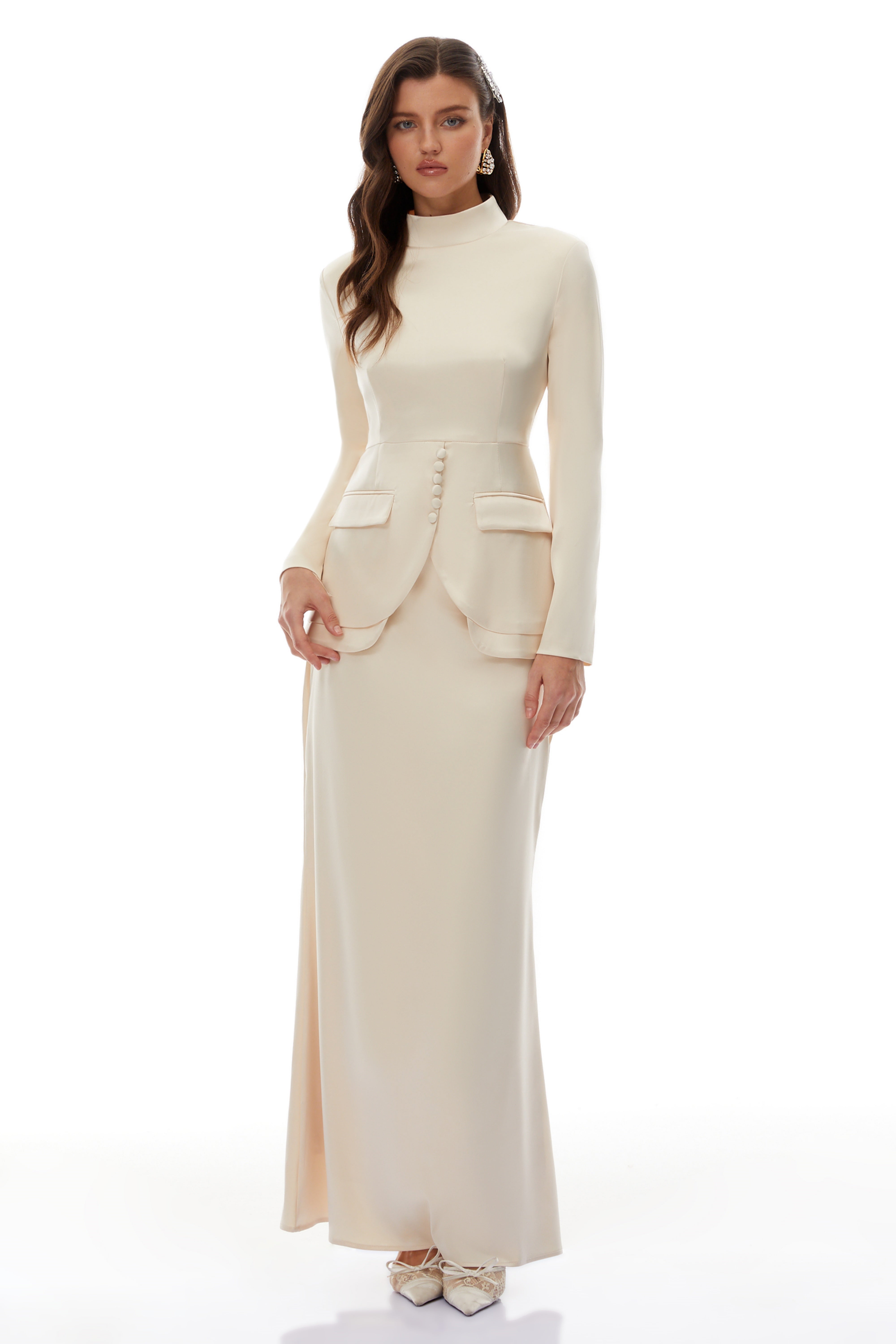 Roxanne Neutral Mock Neck Blouse & Mermaid Skirt Set (Final Sale-US Only)