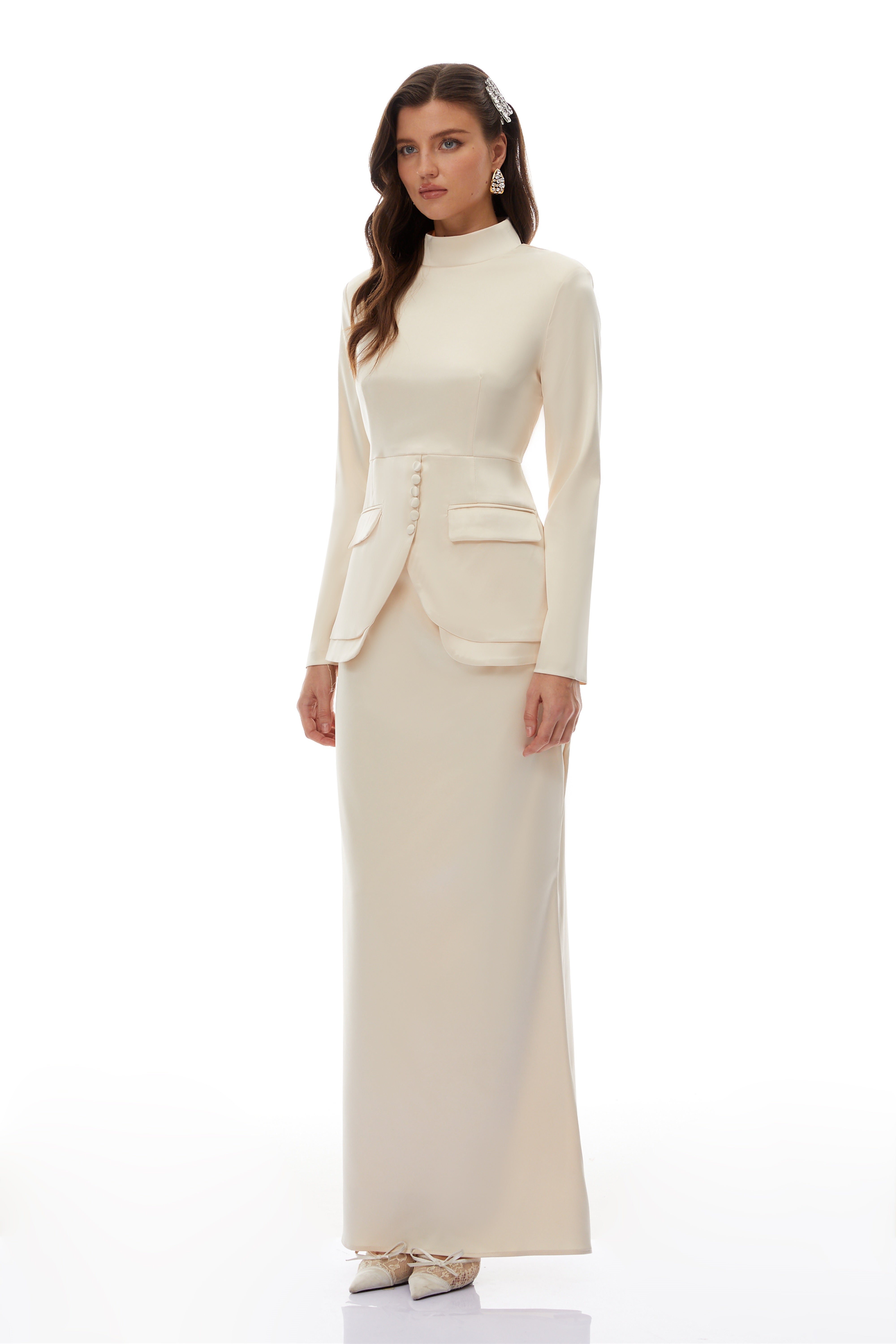 Roxanne Neutral Mock Neck Blouse & Mermaid Skirt Set (Final Sale-US Only)