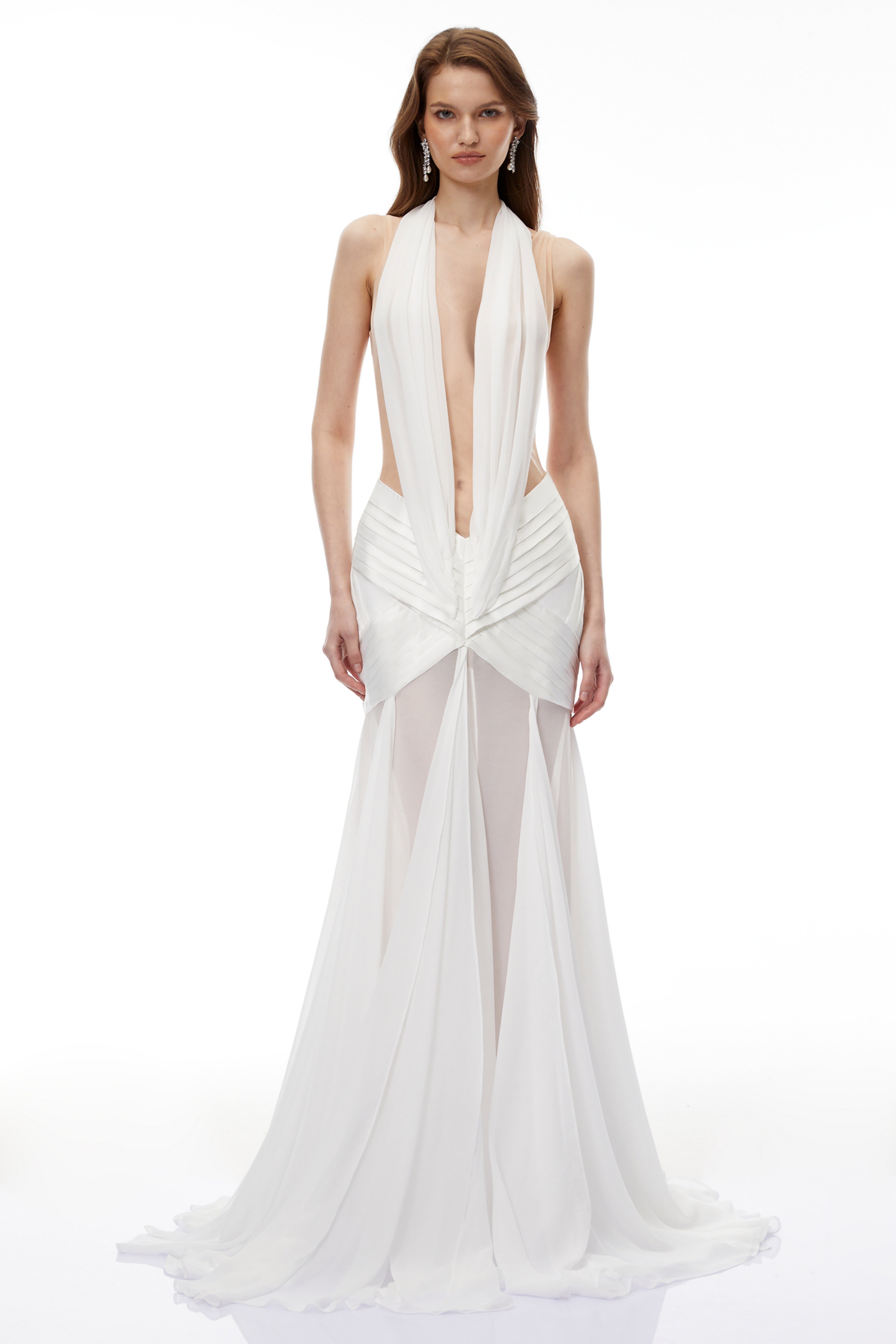 Ruan White Semi-Sheer Ruched Maxi Dress