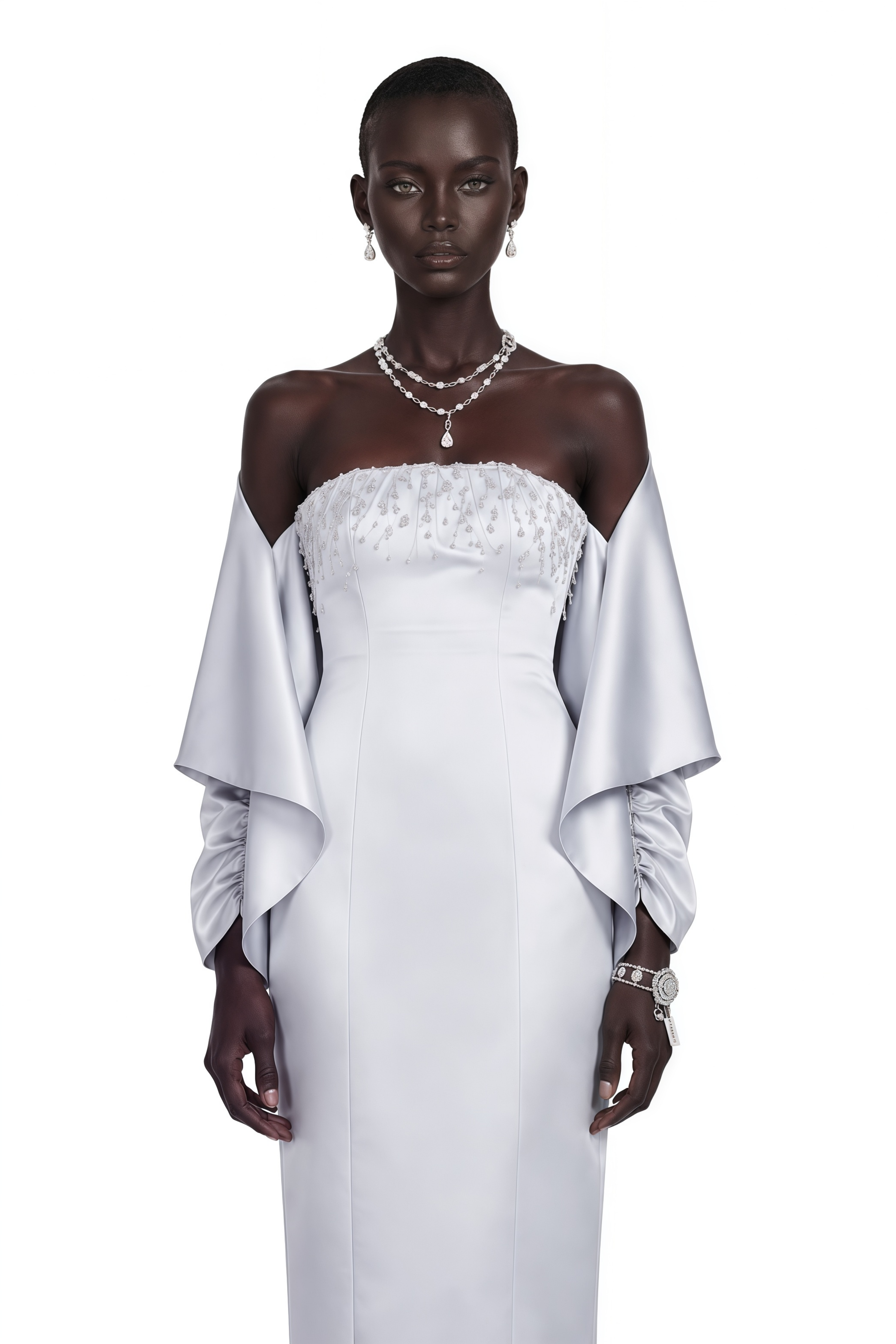 Runa Silver Cape Sleeve Rhinestone Maxi Dress & Jacket Set