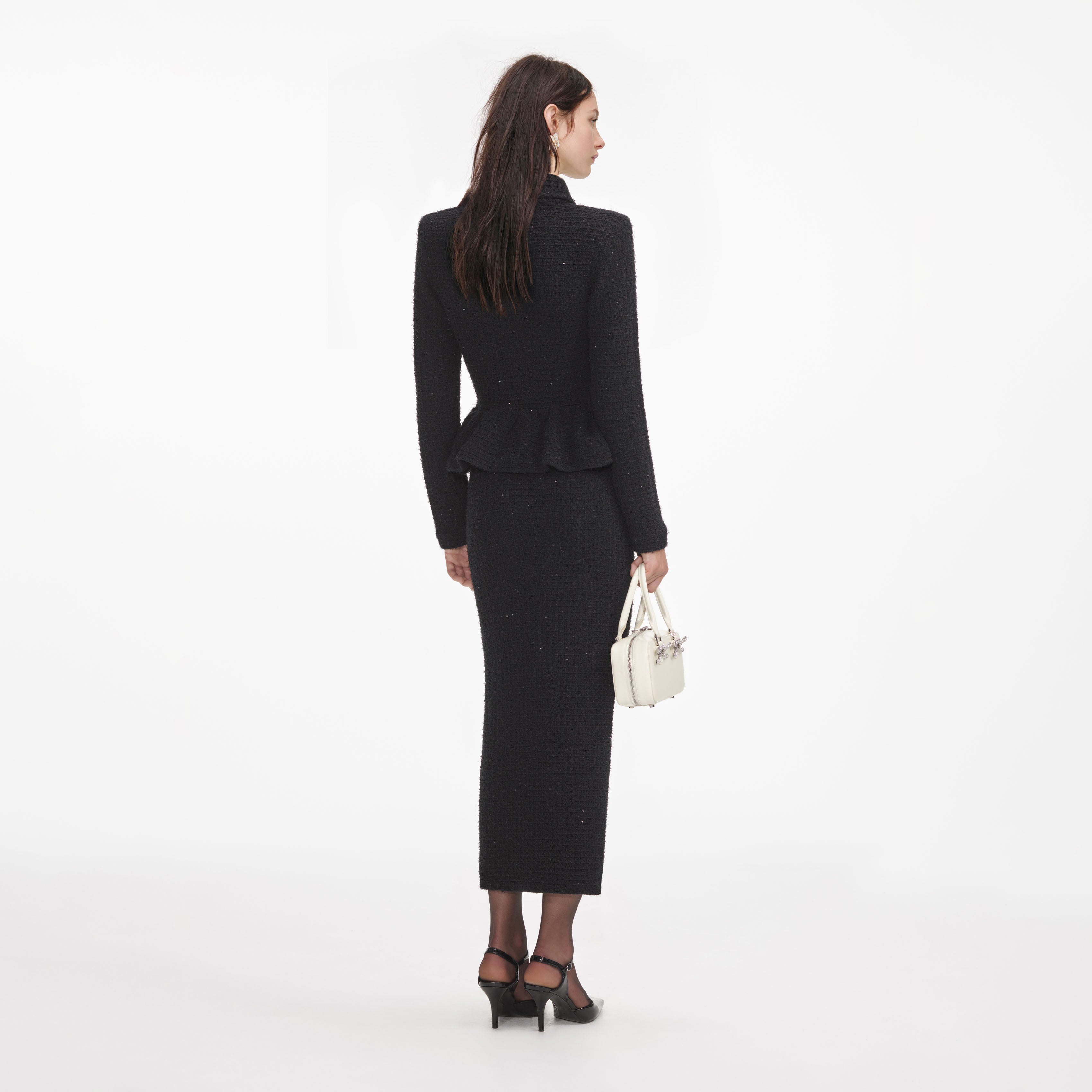 Black Textured Knit Peplum Midi Dress