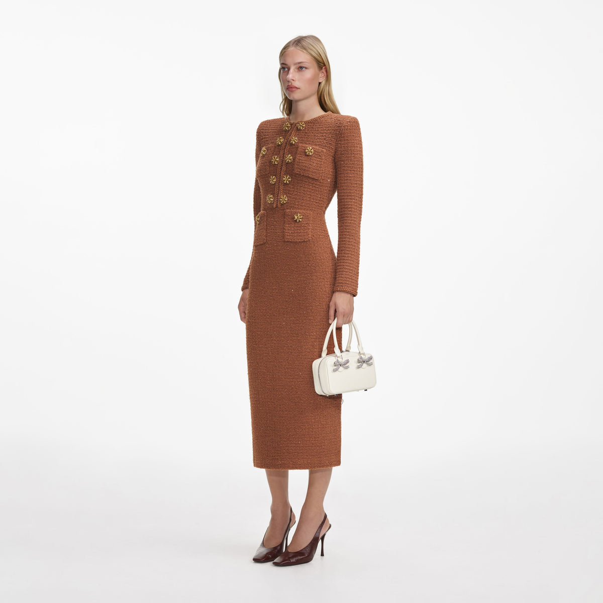 Leona Brown Textured Knit Midi Dress