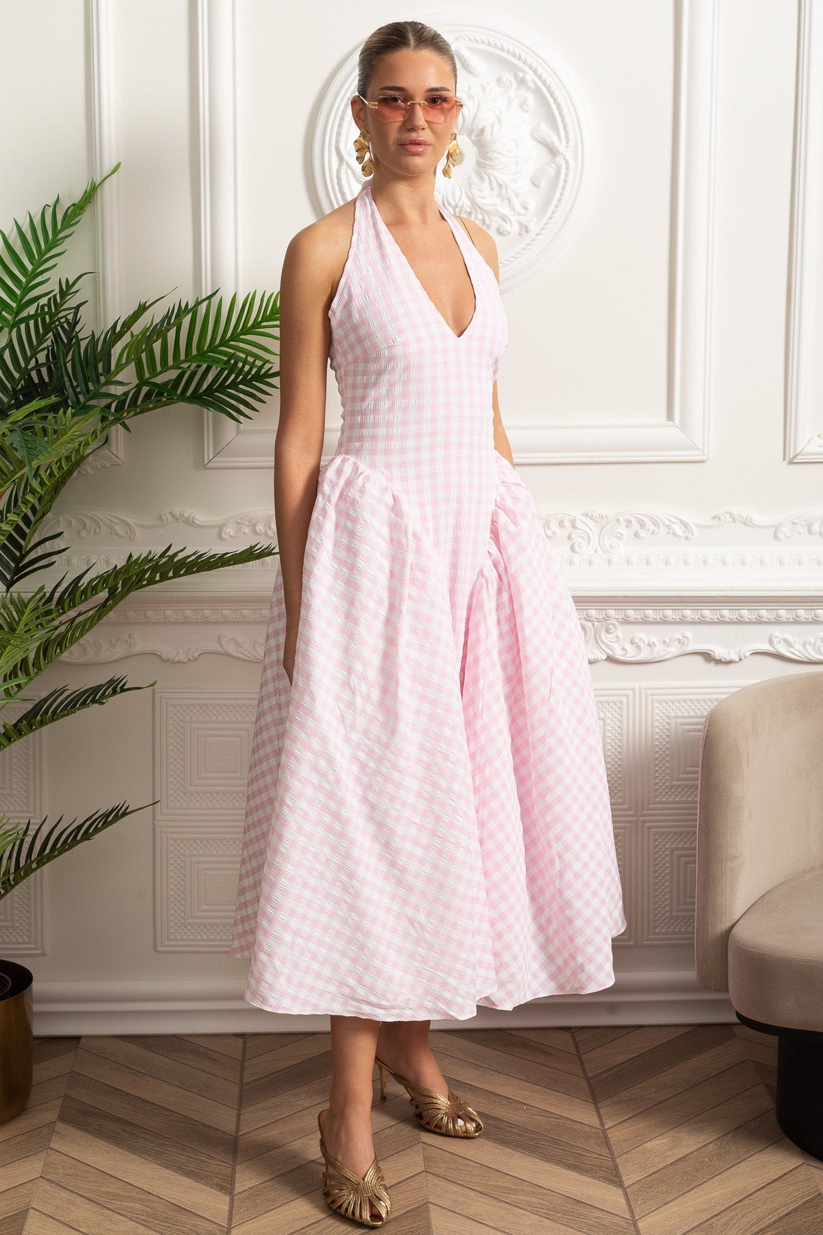 Pastel Checked Halter Dress with Voluminous Skirt - Pink