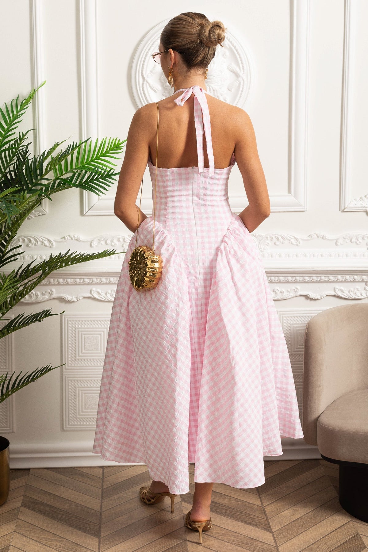 Pastel Checked Halter Dress with Voluminous Skirt - Pink