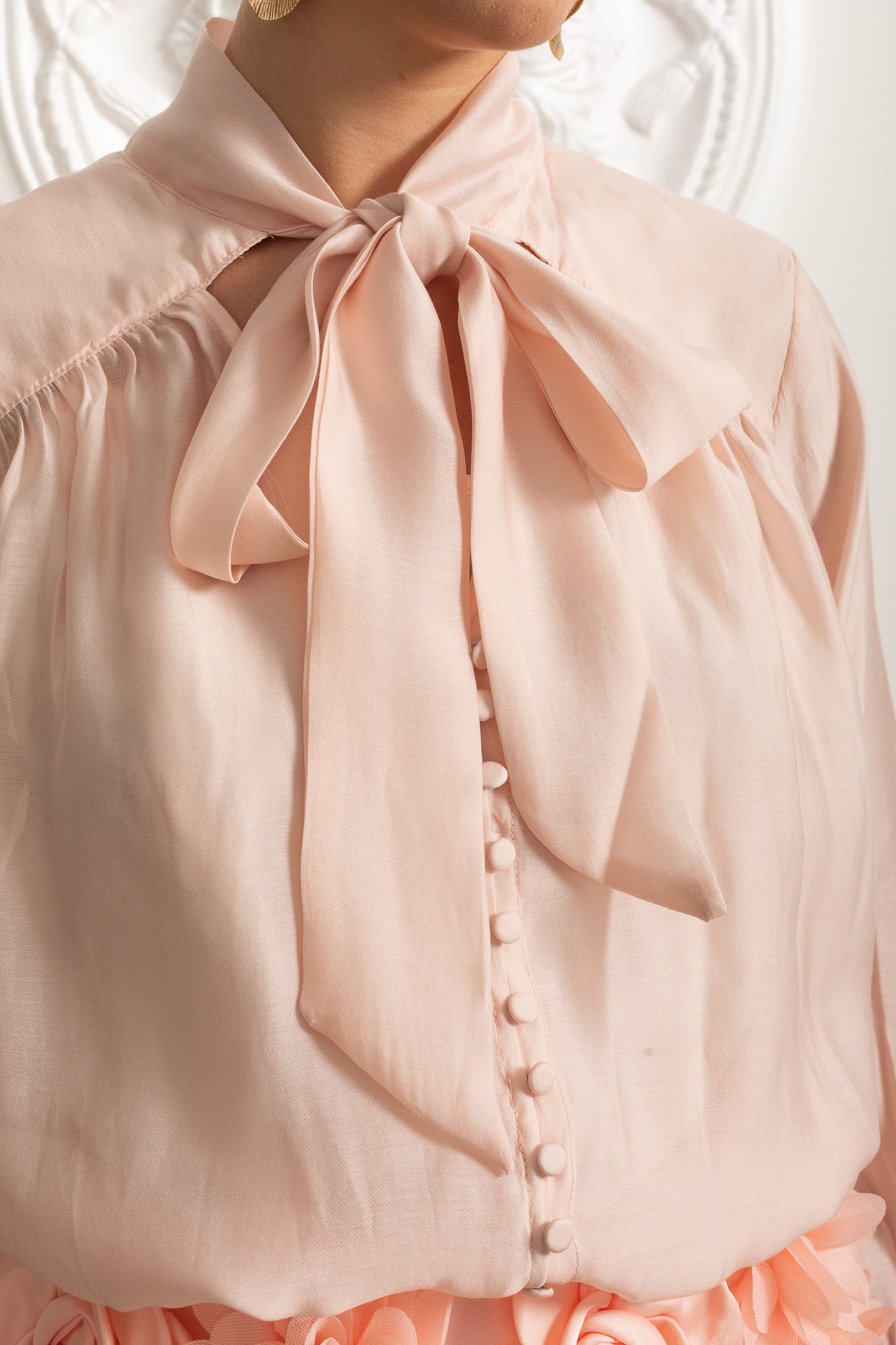 Co-ord Set With Oversized Bow Blouse And 3D Floral Mini Skirt - Peach
