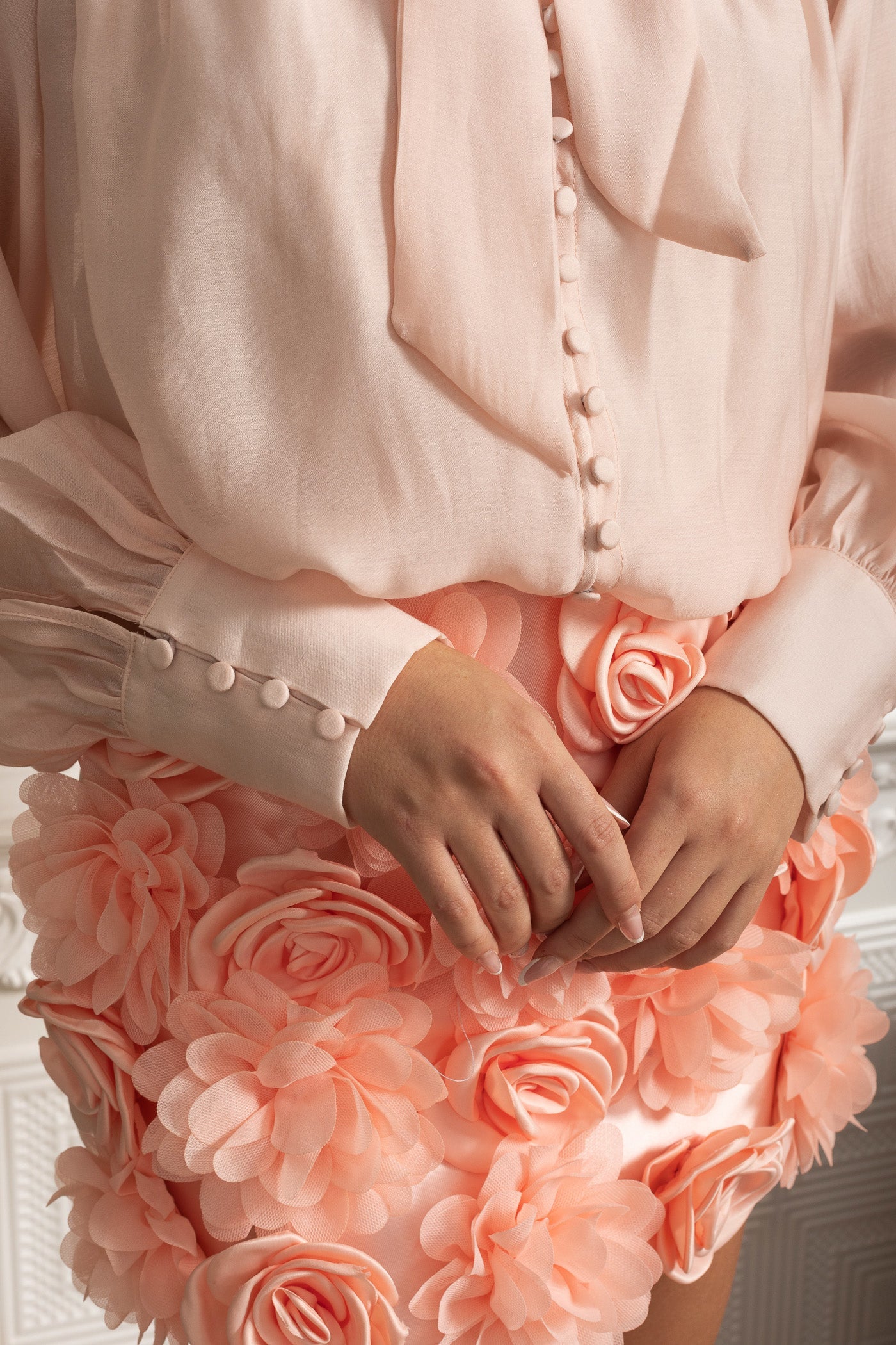 Co-ord Set With Oversized Bow Blouse And 3D Floral Mini Skirt - Peach