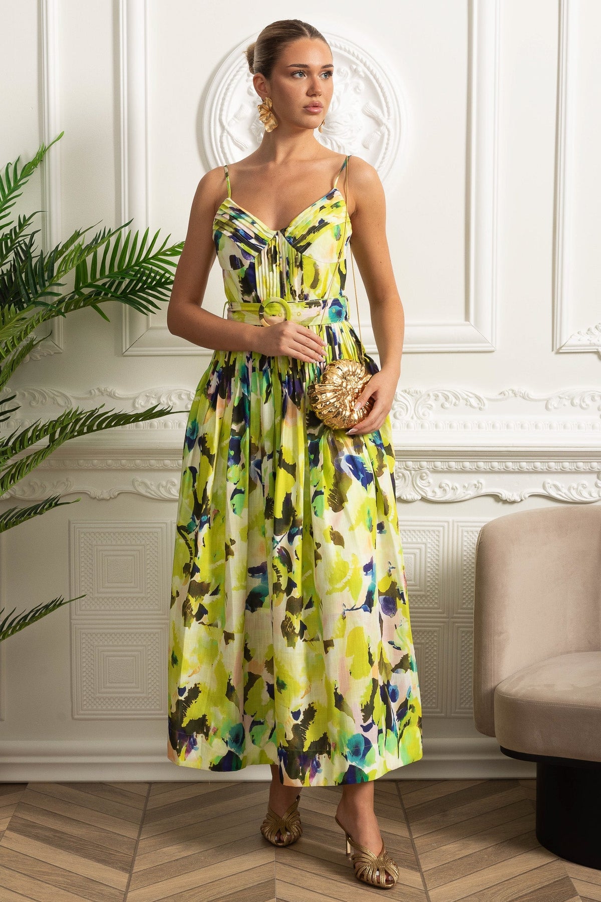 Pleated Bust Belted Midi Dress with Spaghetti Straps - Yellow