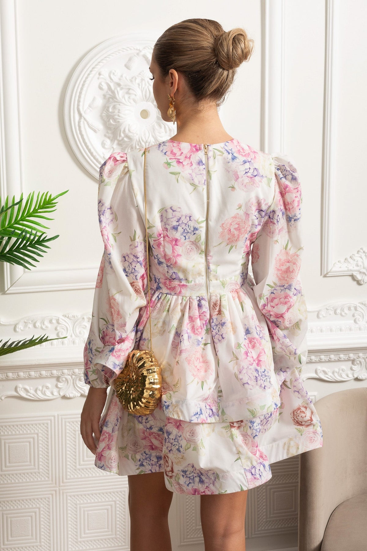 Floral Romantic Mini Dress With Voluminous Sleeves And Peplum Detail - White/Pink