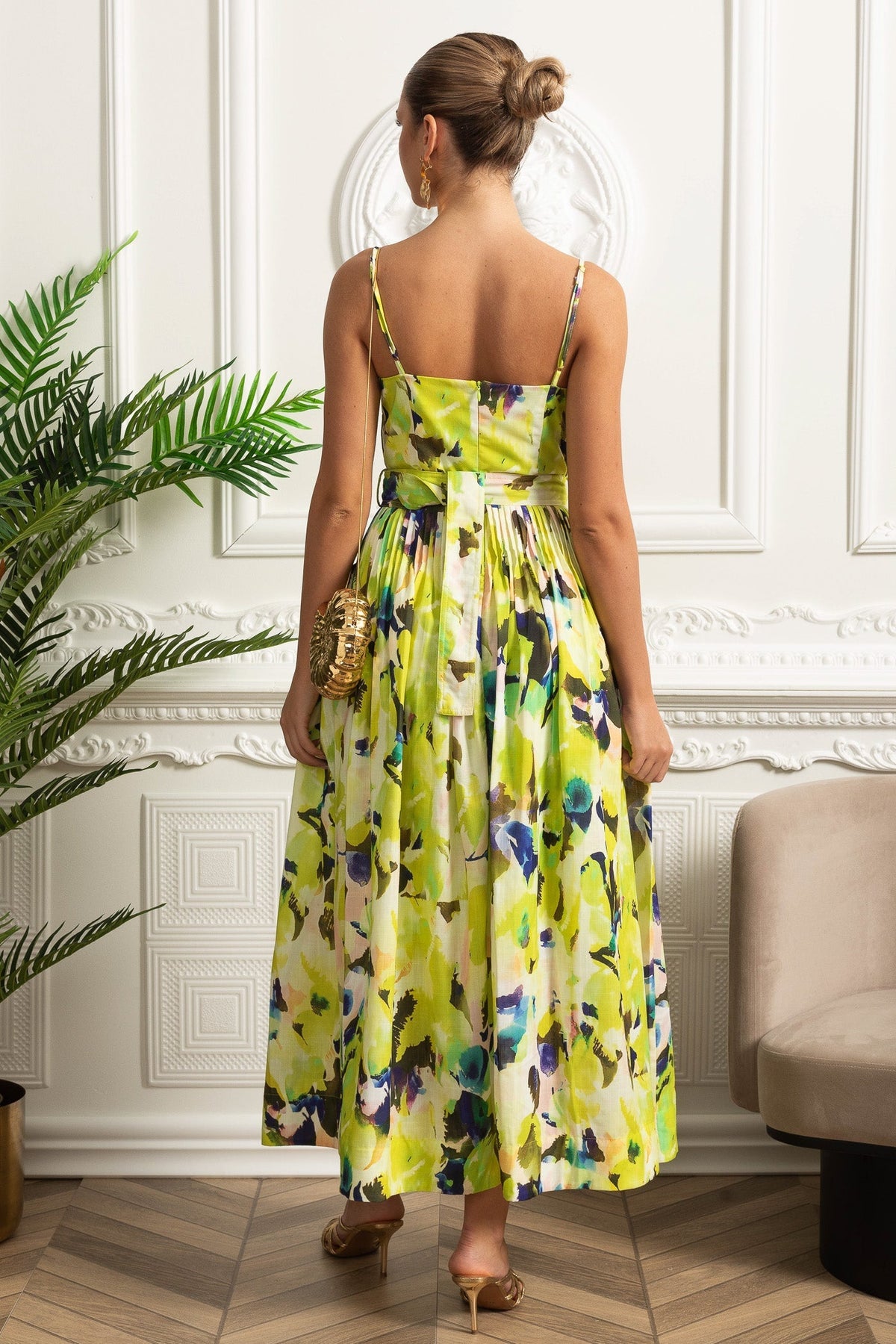 Pleated Bust Belted Midi Dress with Spaghetti Straps - Yellow