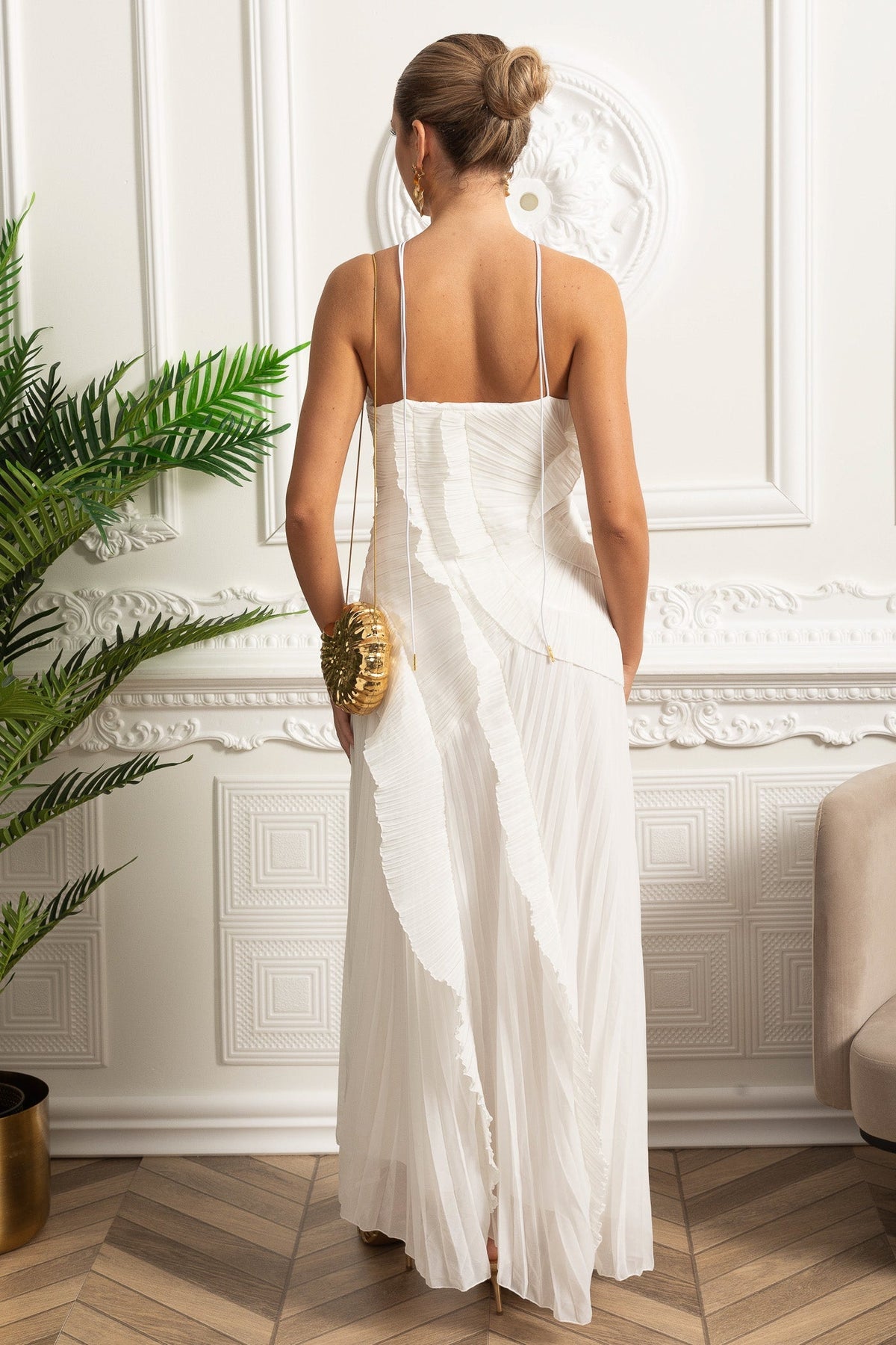 Pleated Halter Midi Dress With Cascading Ruffle Details - White
