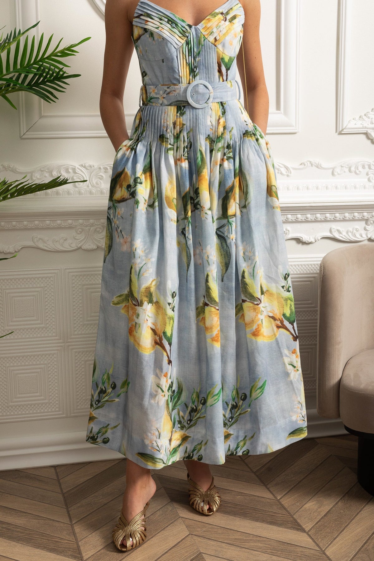 Pleated Bust Belted Midi Dress with Spaghetti Straps - Sky Blue
