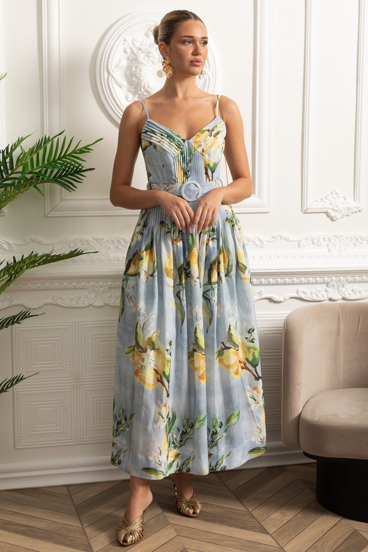 Pleated Bust Belted Midi Dress with Spaghetti Straps - Sky Blue