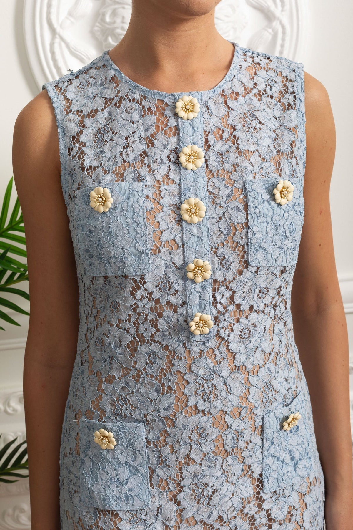 Sleeveless Lace Mini Dress With Decorative Buttons And Pockets - Blue