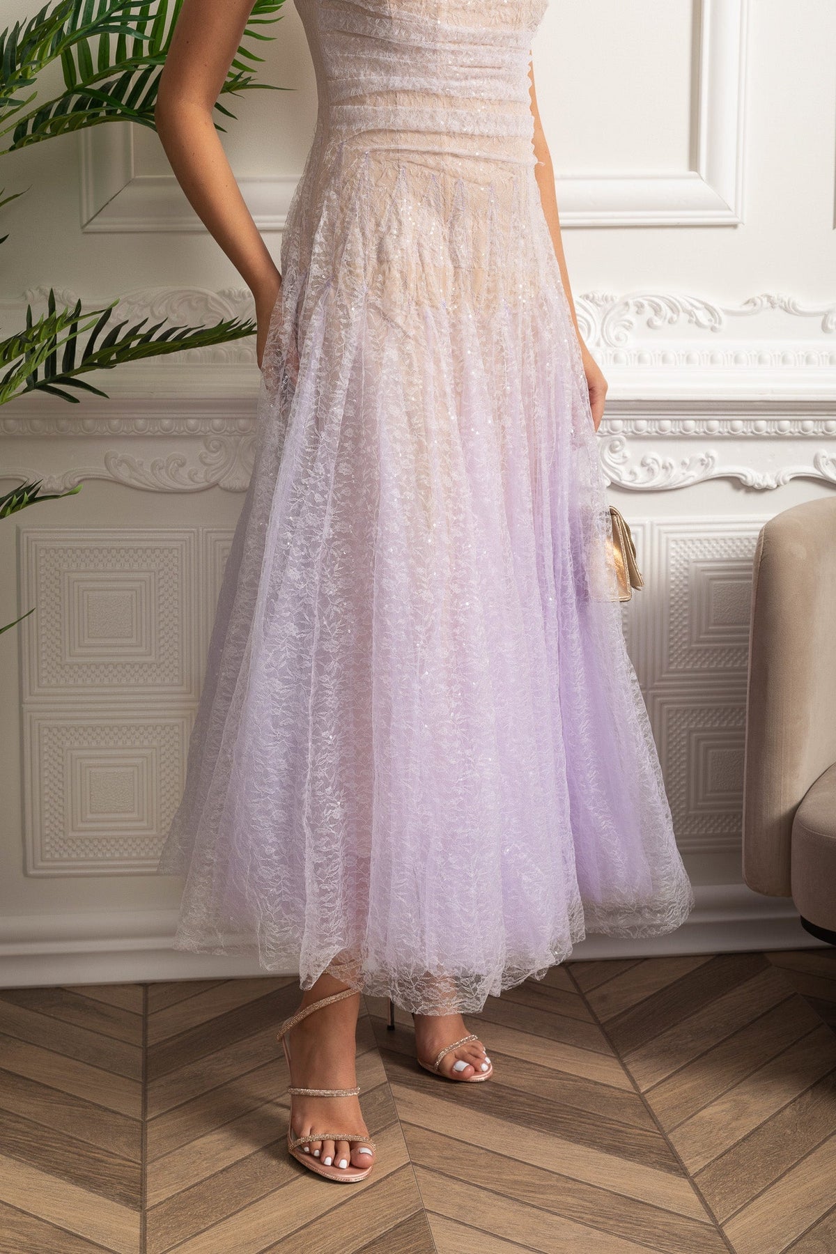 Strapless A-Line Midi Dress With Shimmery Textured Overlay - Lilac Gradient