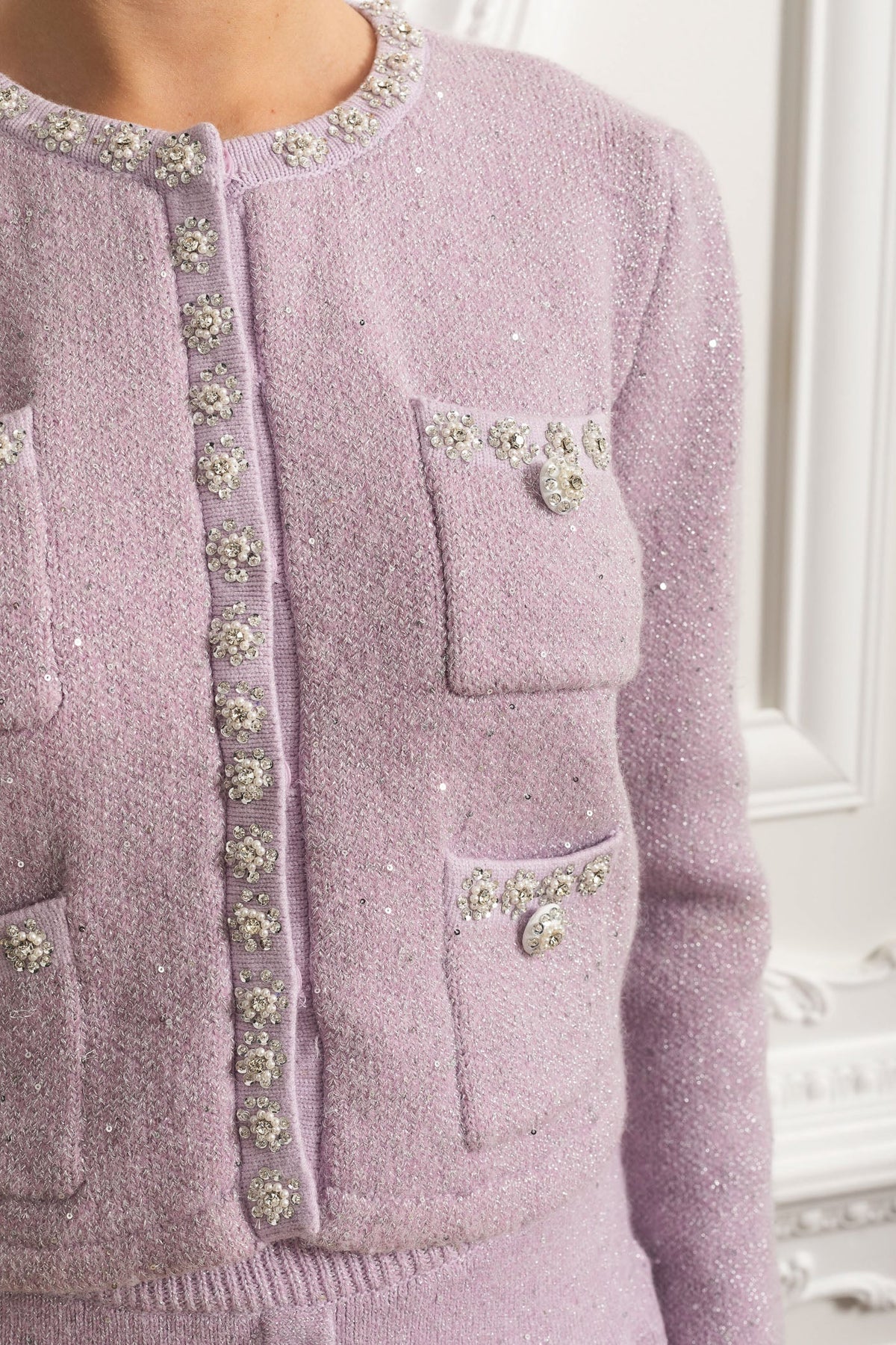 Bernadette Lilac Embellished Knit Cardigan & Pleated Mini Skirt Co-ord Set