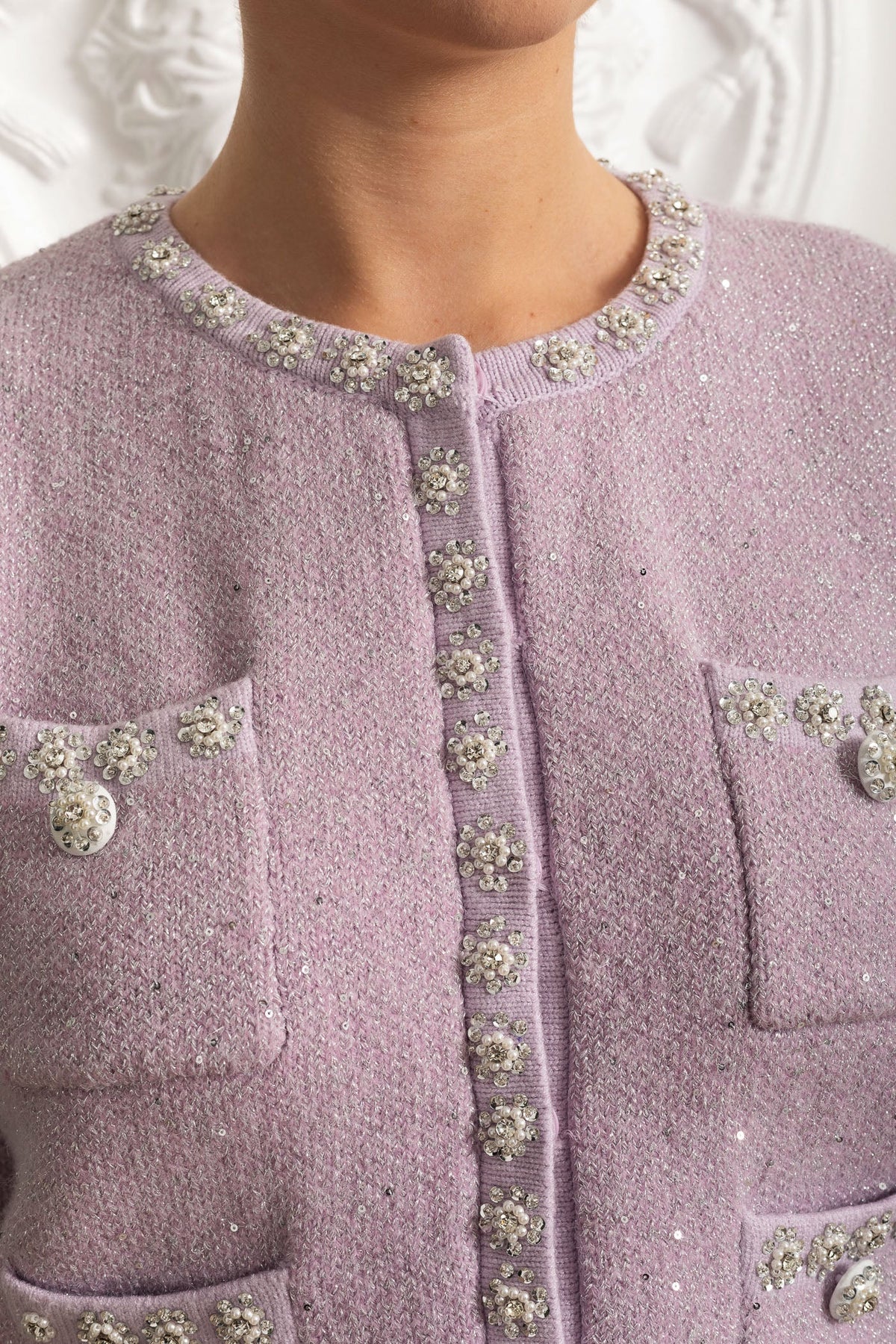 Bernadette Lilac Embellished Knit Cardigan & Pleated Mini Skirt Co-ord Set