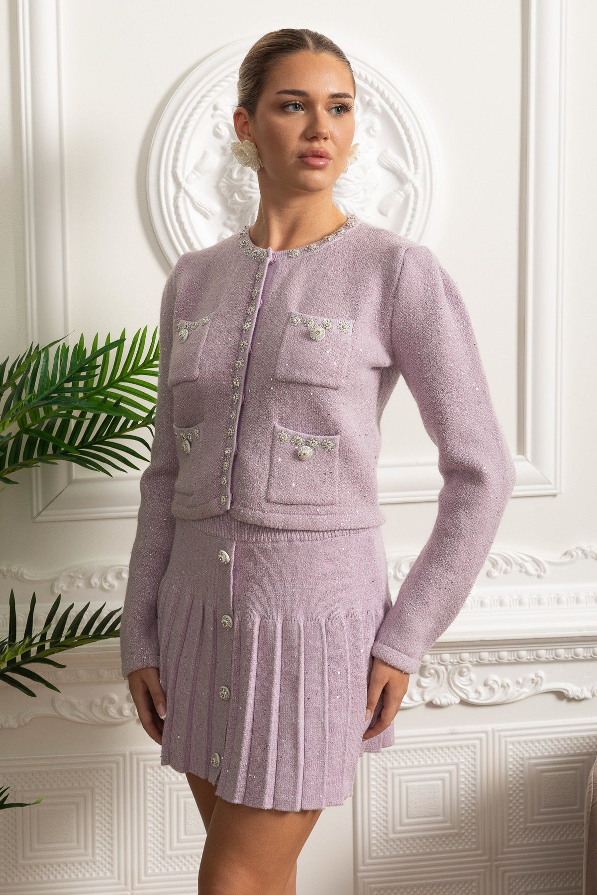 Bernadette Lilac Embellished Knit Cardigan & Pleated Mini Skirt Co-ord Set